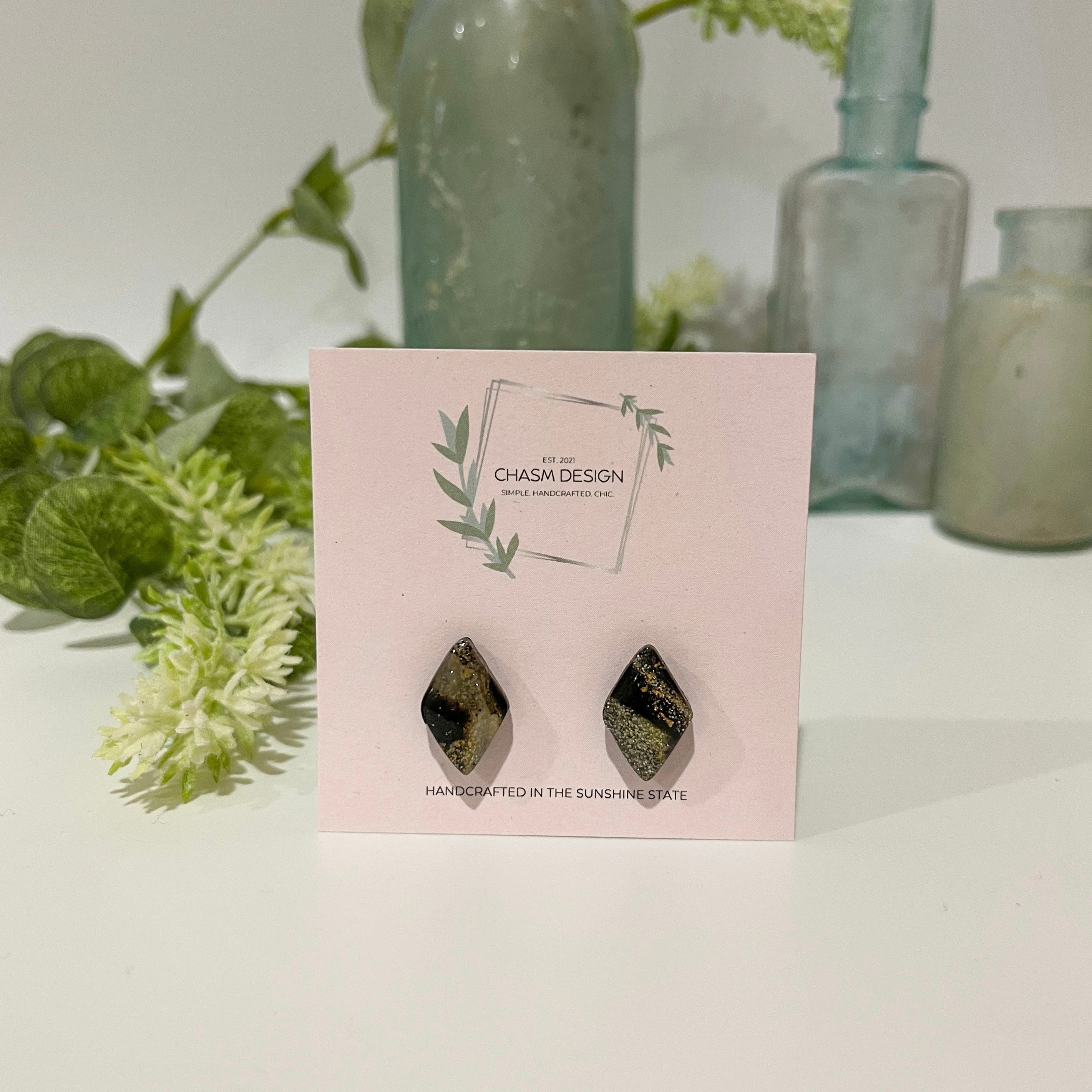 Gold and Black Marble - Mini Diamond Studs