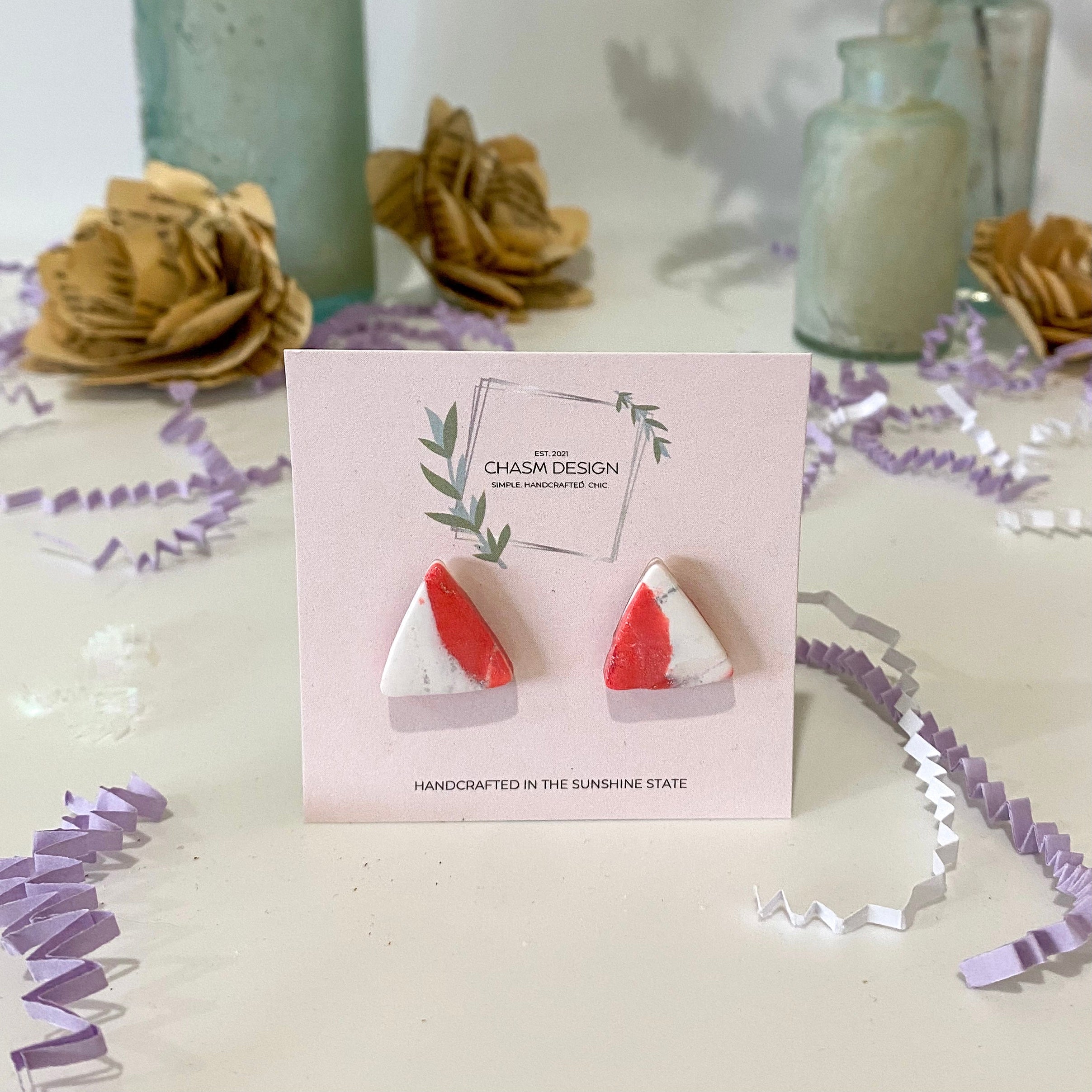 Hot Pink and White Marble - Triangle Studs