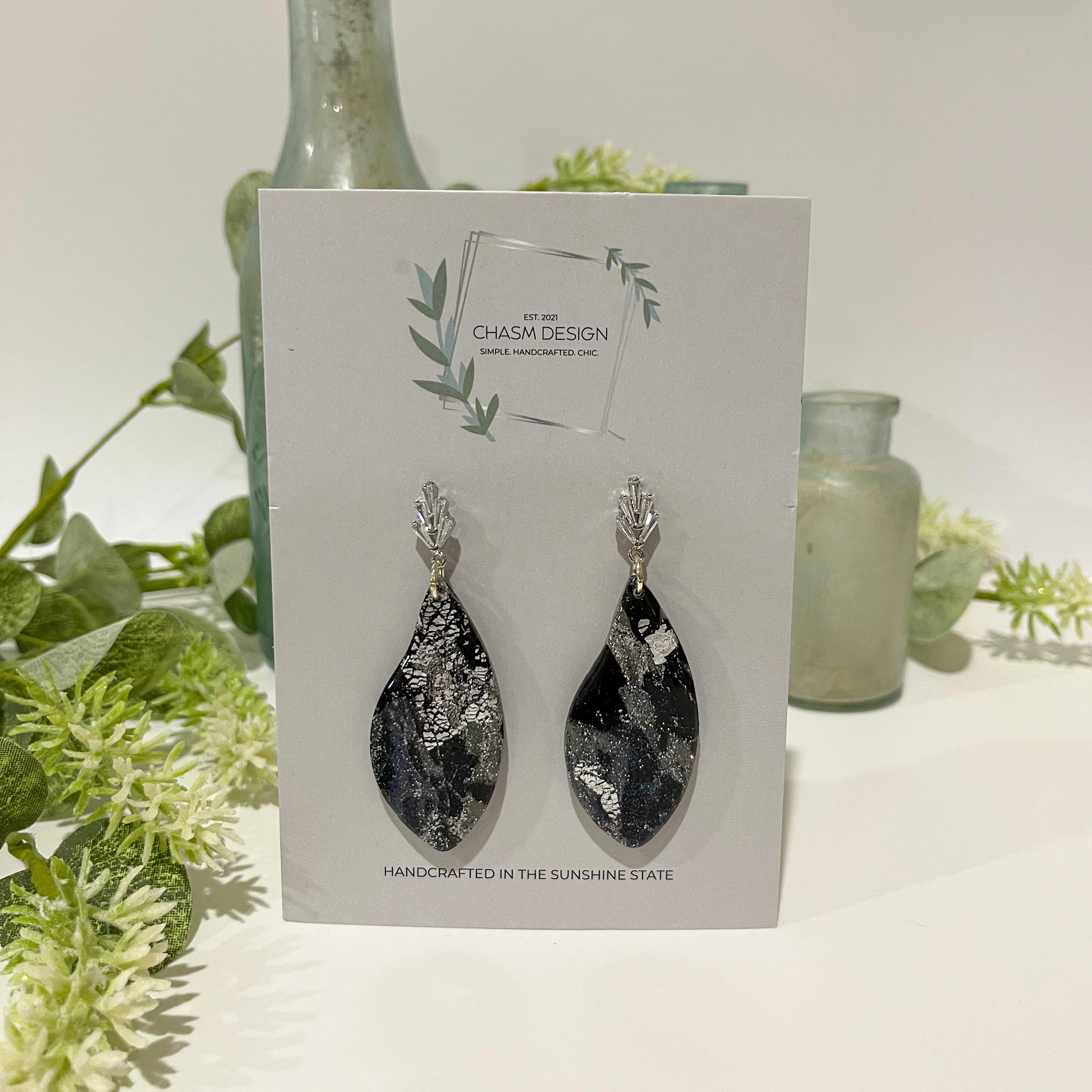 Sliver and Black Marble - Abstract Dangles with Leaf Stud Charm