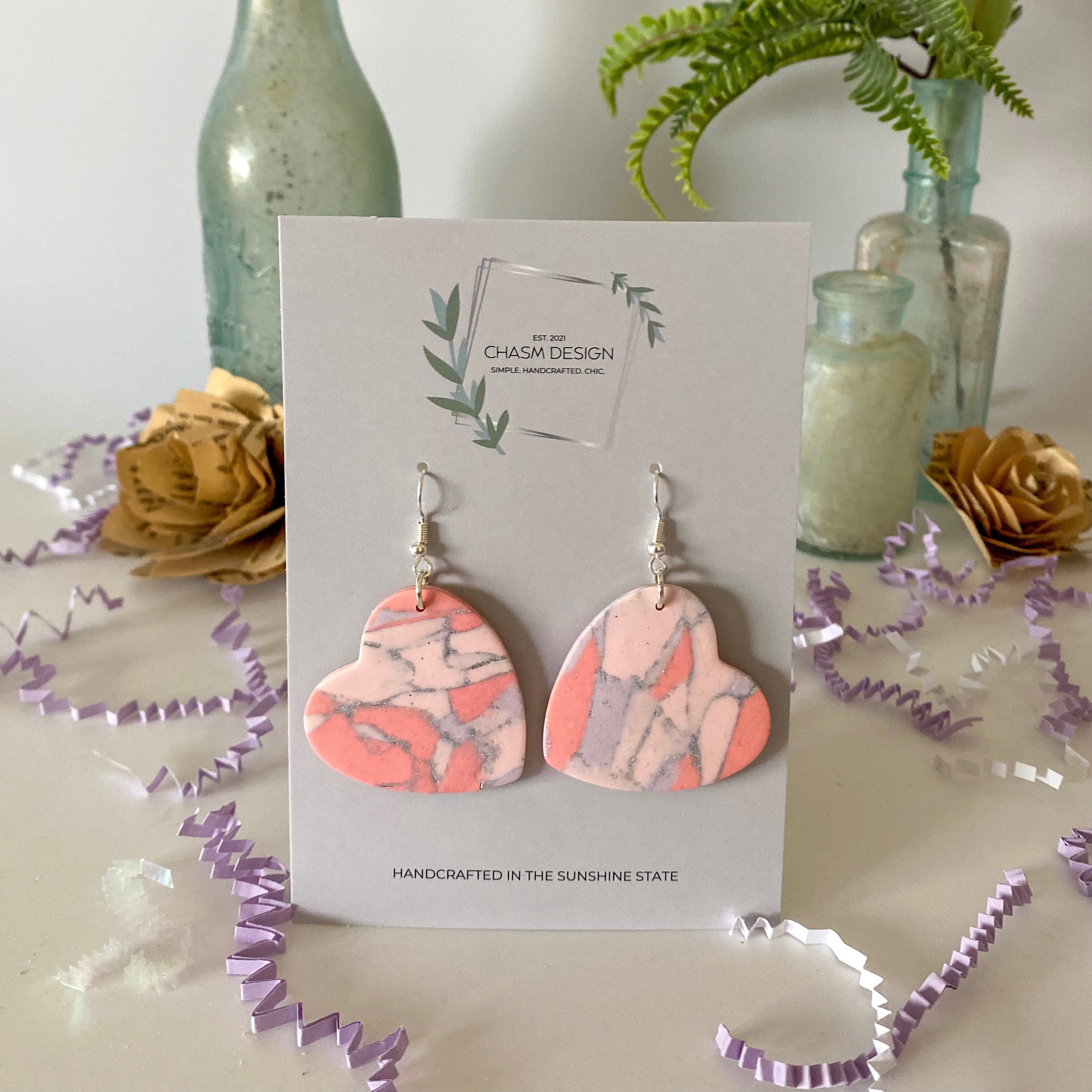 Pink and Purple Marble - Large Heart Dangles