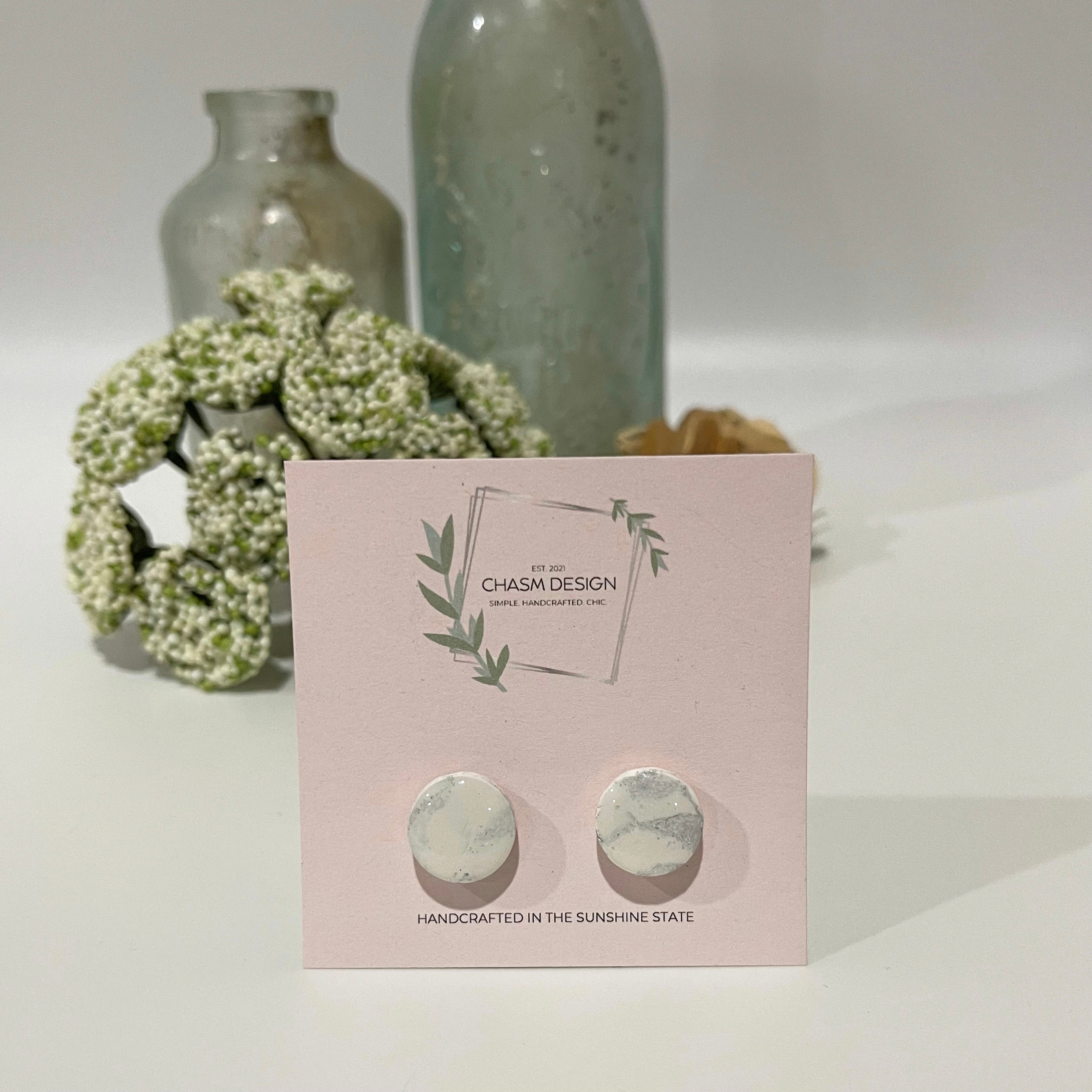 White and Silver Marble - Mini Circle Studs