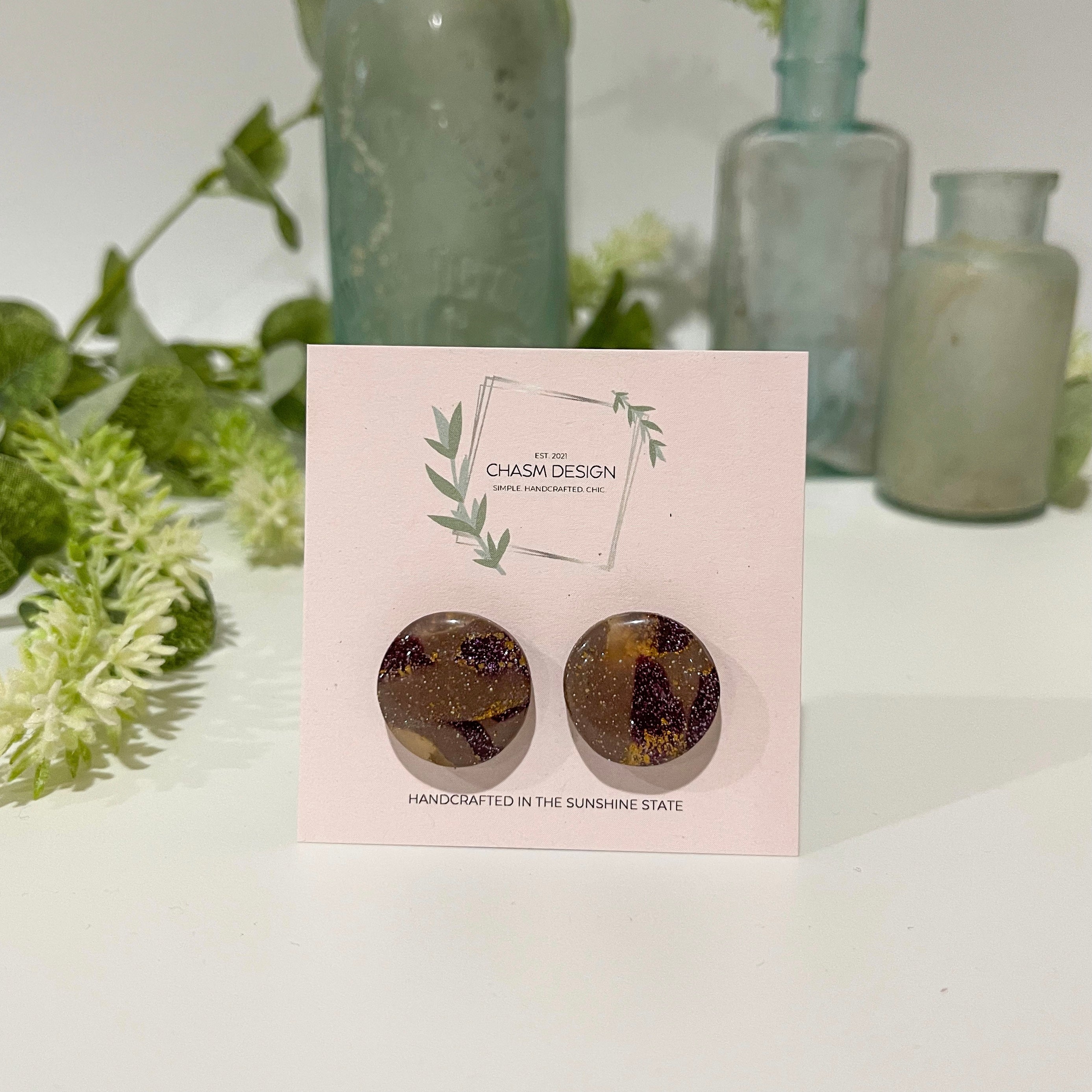 Plum and Brown Marble - Circle Studs