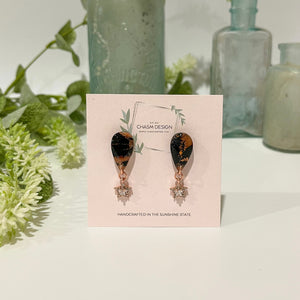 Rose Gold and Black Marble - Dainty Inverted Teardrop Dangles with Star Charm