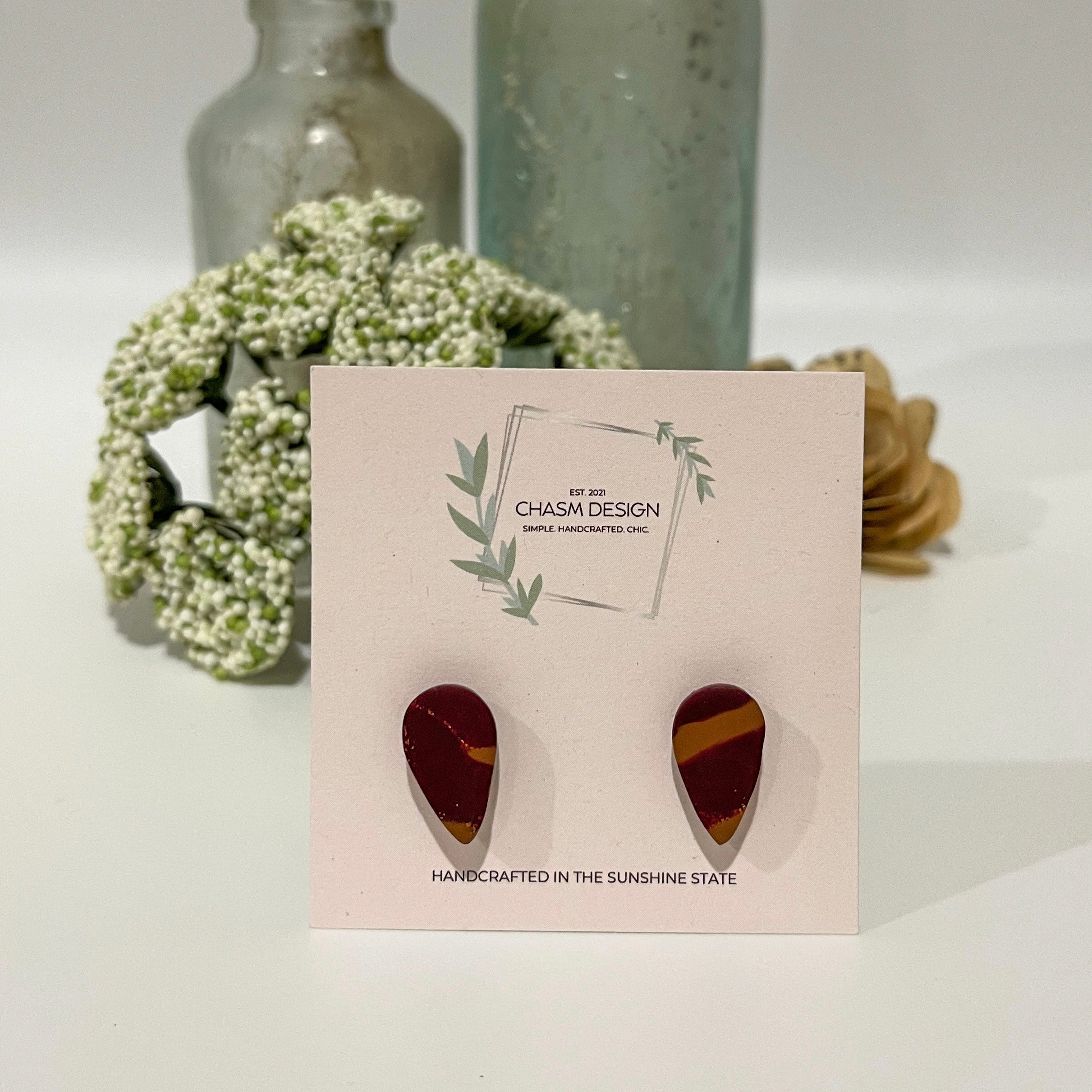 Tuscan Marble - Orange/Burgundy Mini Inverted Teardrop Studs