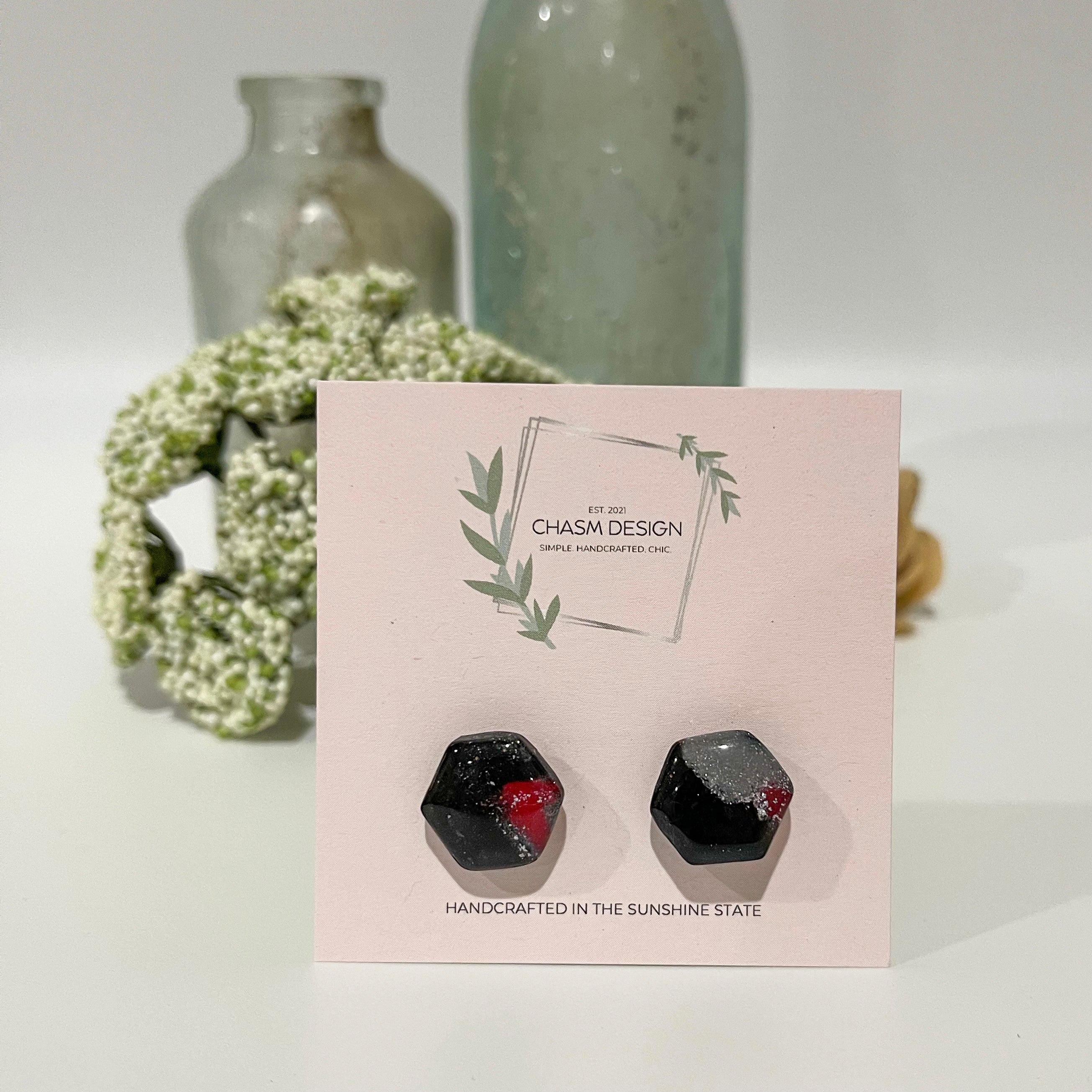 Red and Black Marble - Mini Hexagon Studs