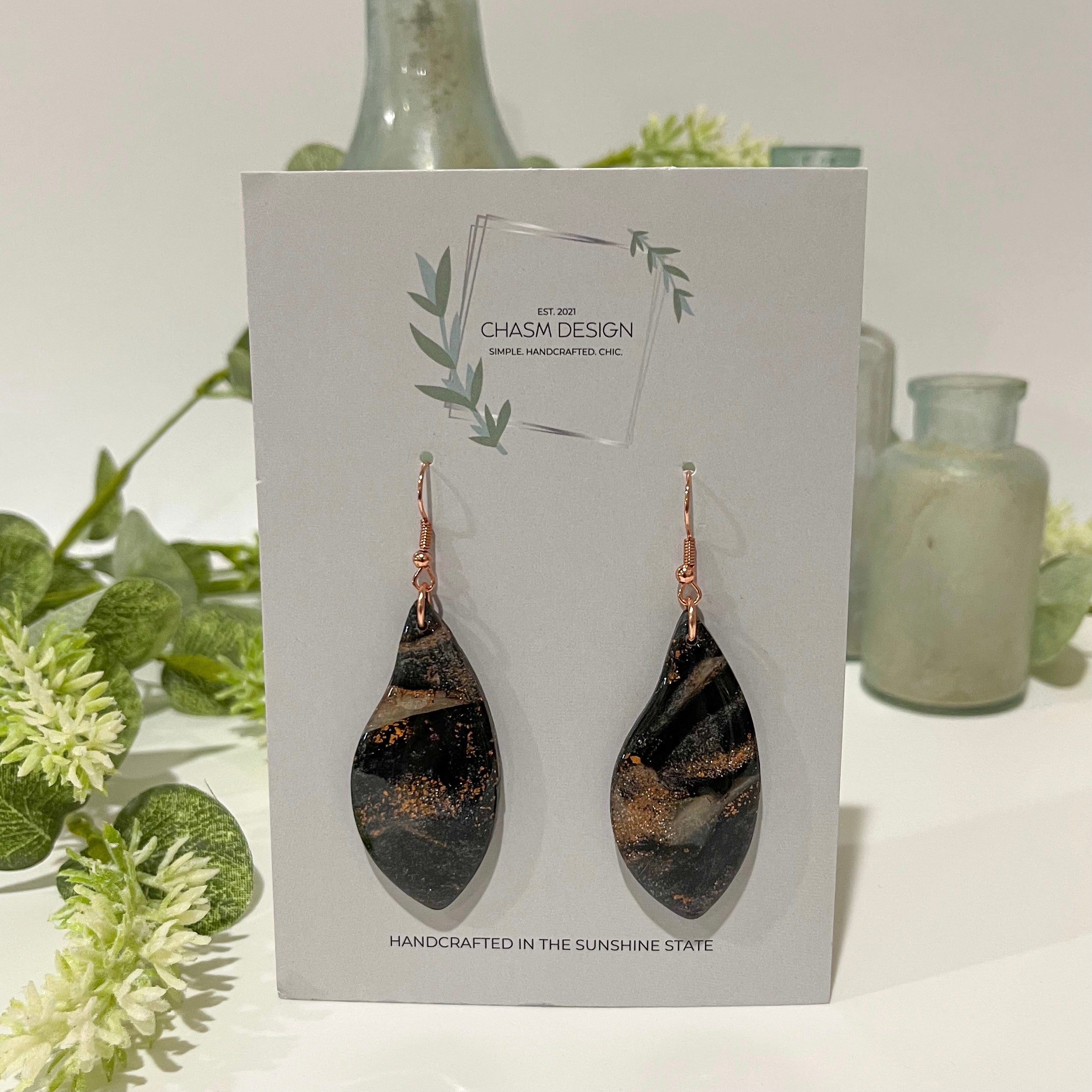 Rose Gold and Black Marble -  Abstract Dangles