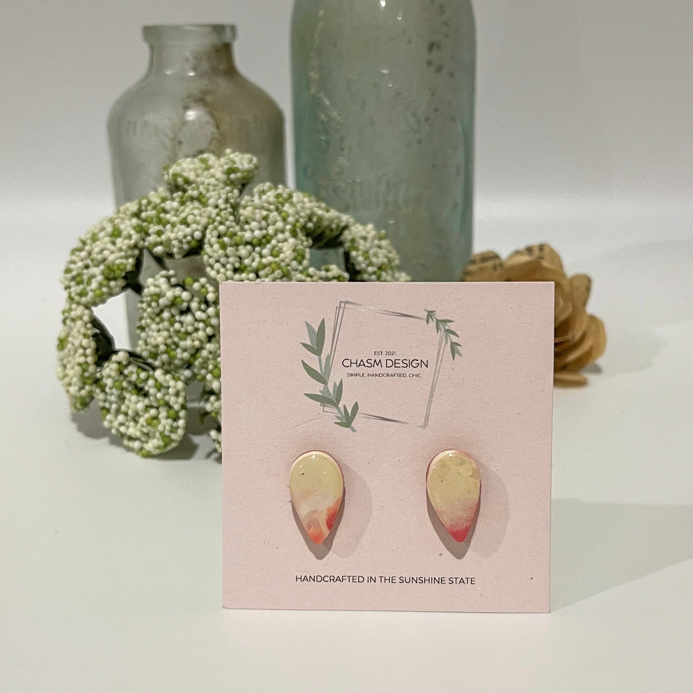 Coral and Tan Marble - Mini Inverted Teardrop Studs