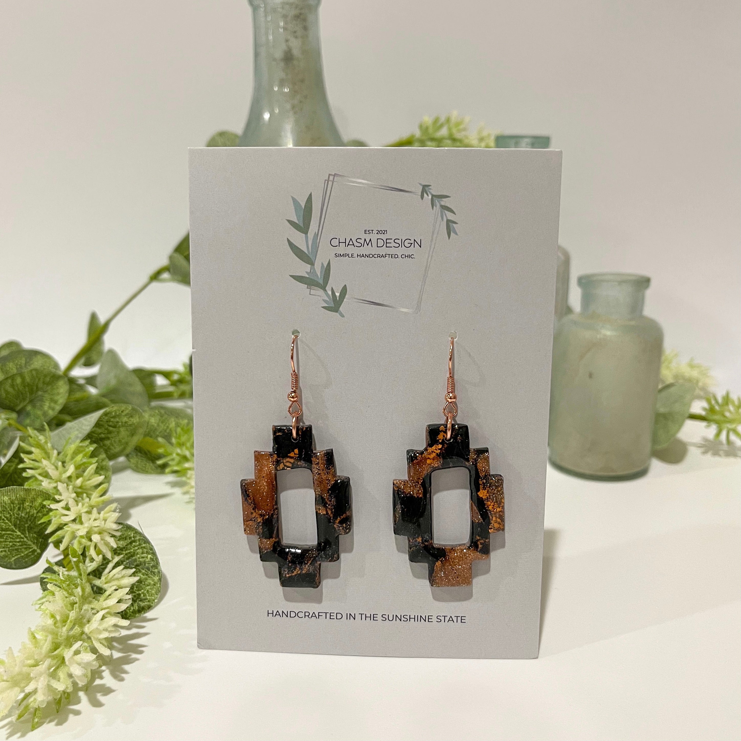 Rose Gold and Black Marble - Aztec Cutout Dangles