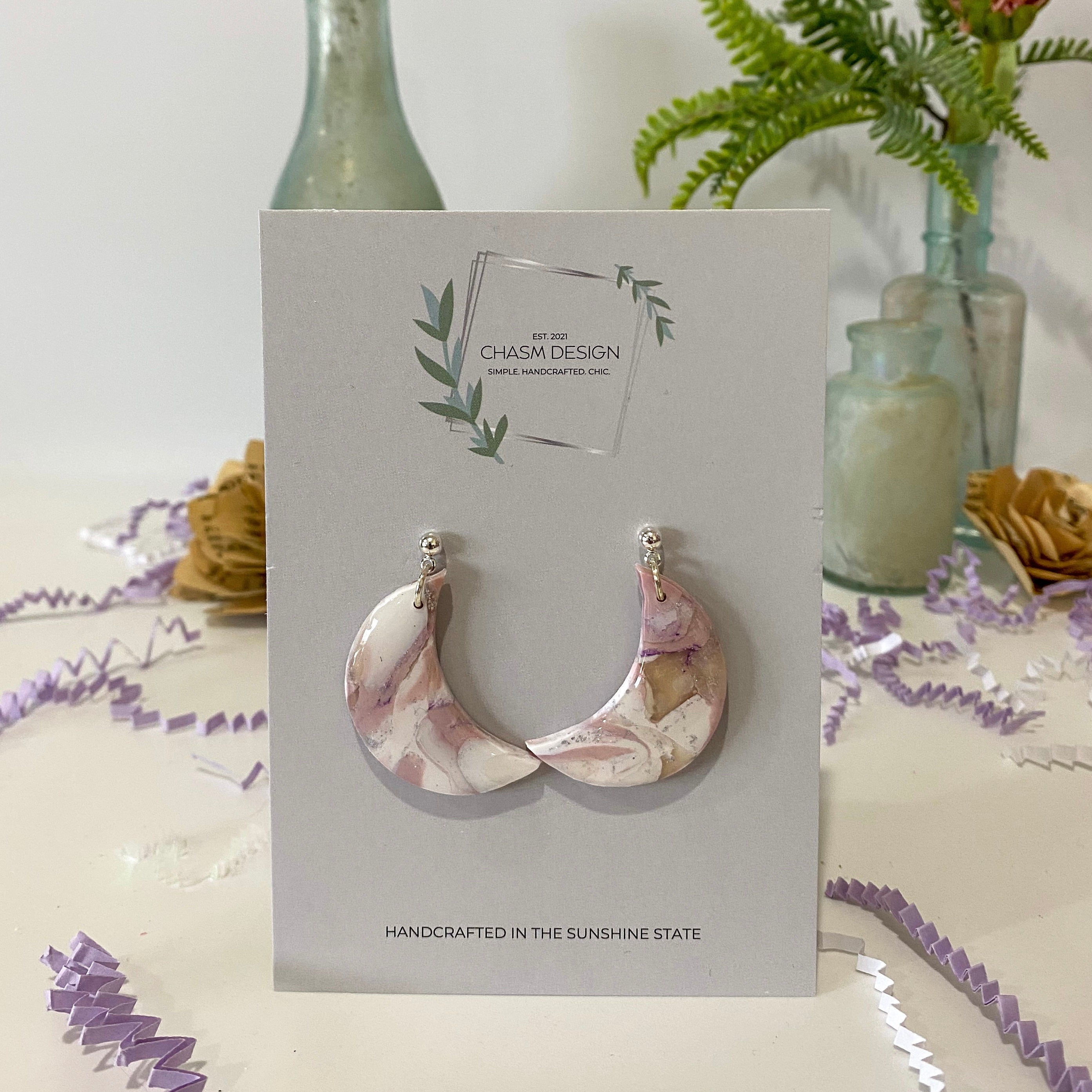 Purple and White Marble - Large Moon Dangles