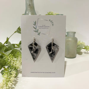 Sliver and Black Marble - Drop Diamond Dangles with Music Note Charm