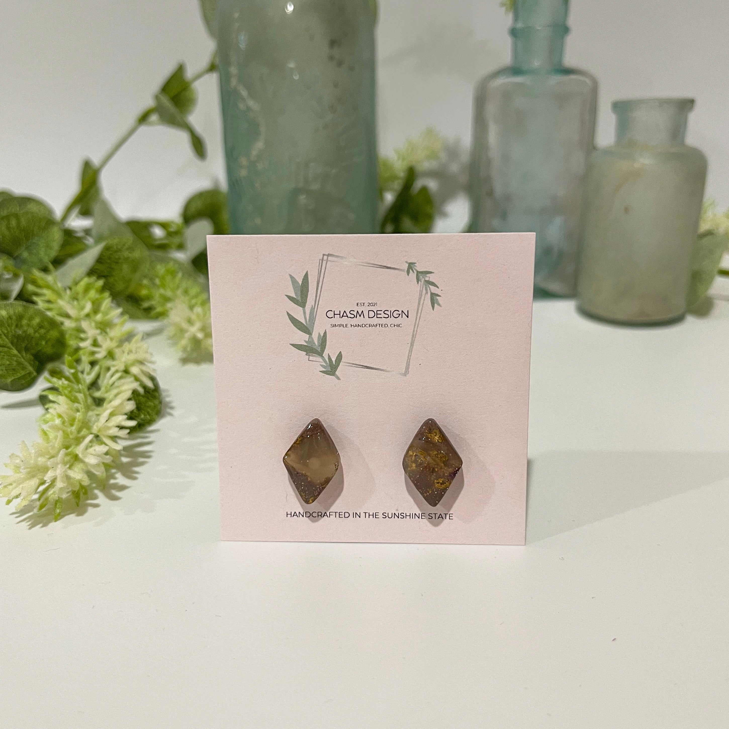 Plum and Brown Marble -  Mini Diamond Studs