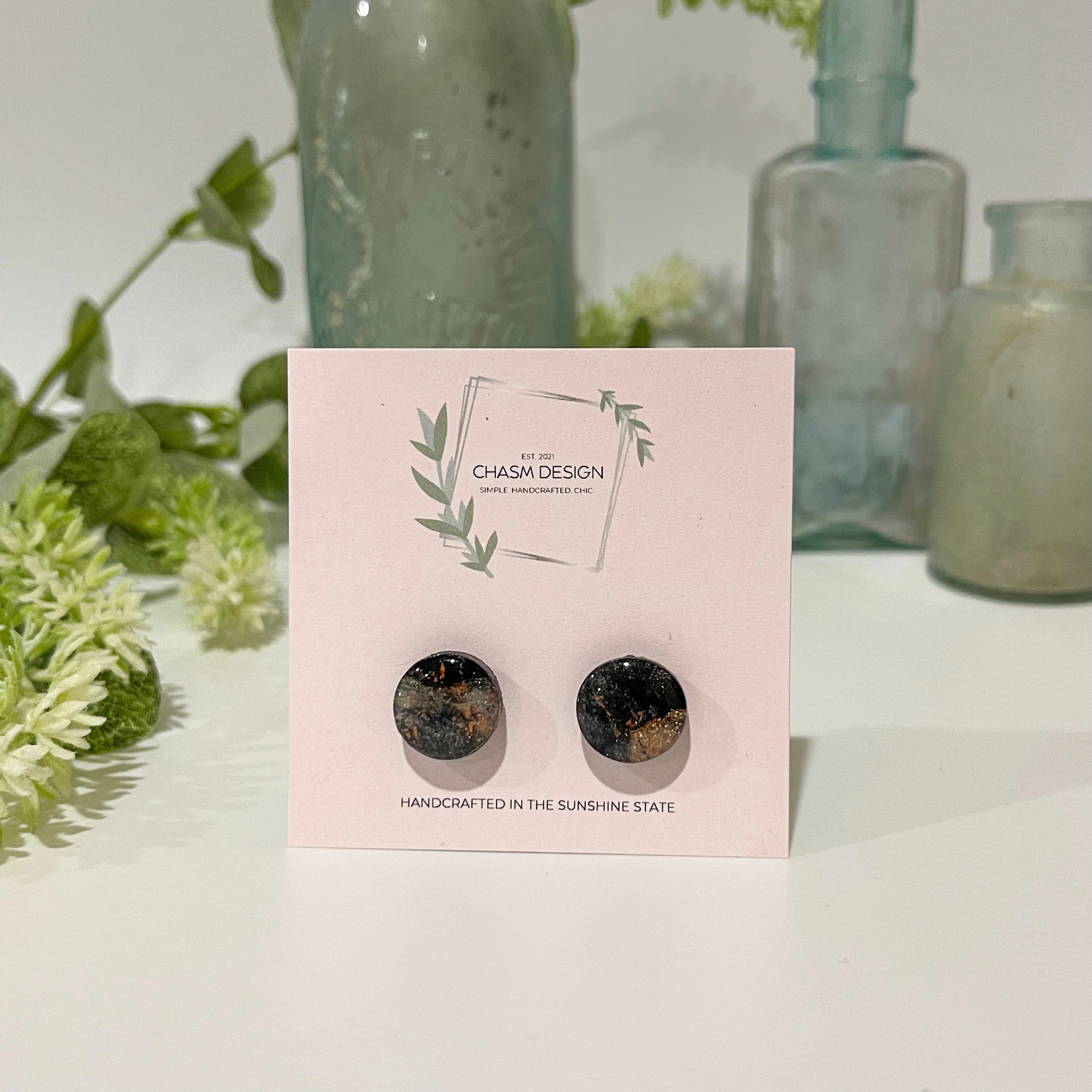 Rose Gold and Black Marble - Mini Circle Studs