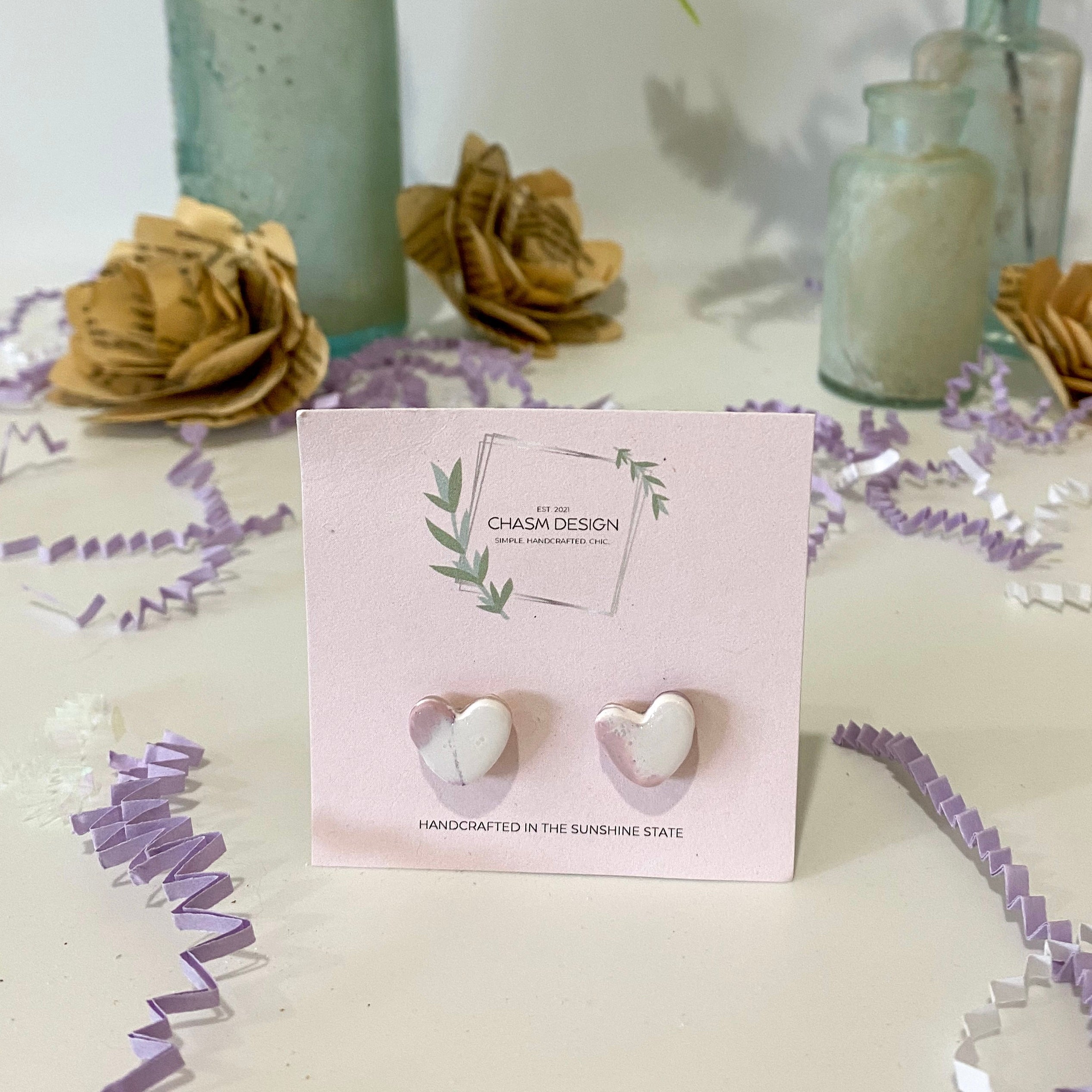 Purple and White Marble - Mini Heart Studs