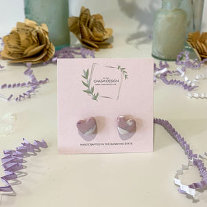 Purple and White Marble - Mini Heart Studs