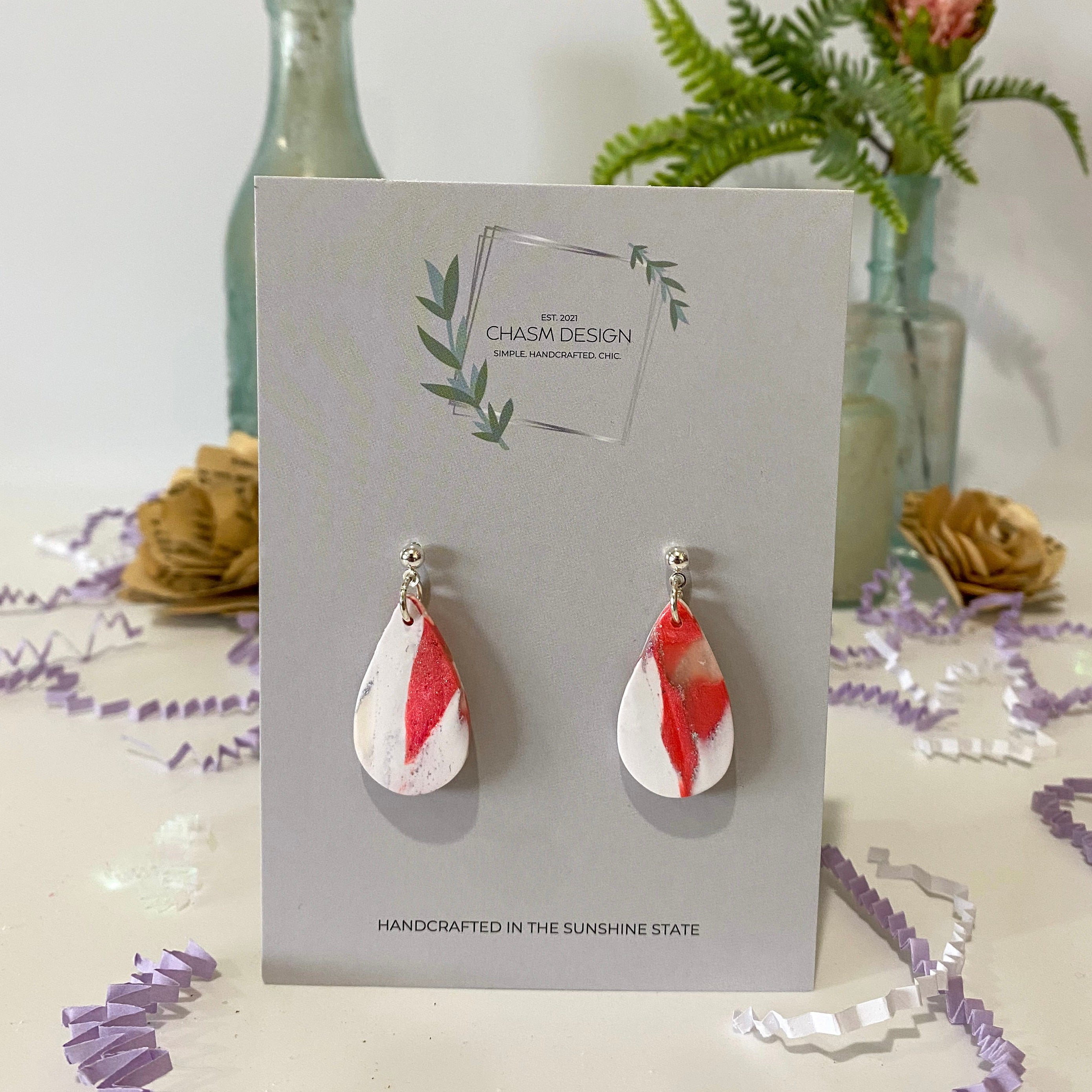 Hot Pink and White Marble - Medium Teardrop Dangles