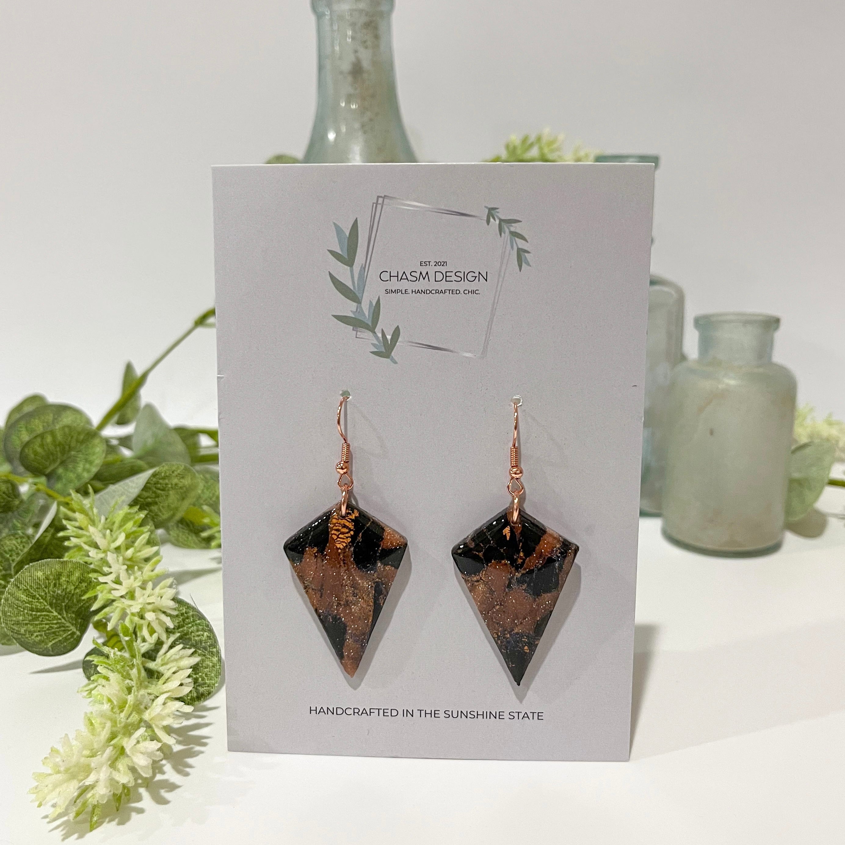 Rose Gold and Black Marble - Diamond Dangles