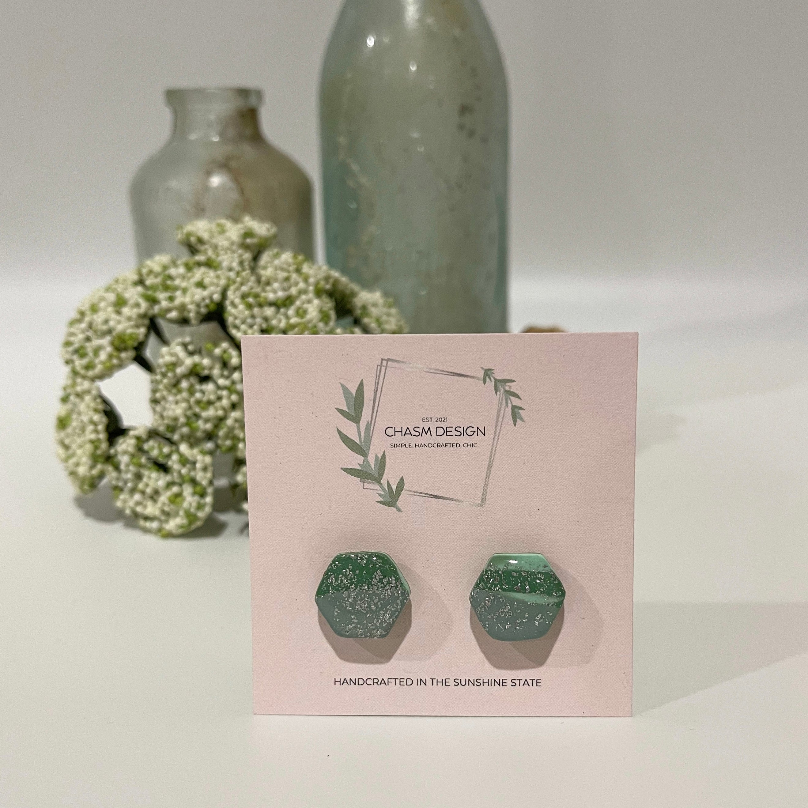 Green and Aqua Marble - Mini Hexagon Studs