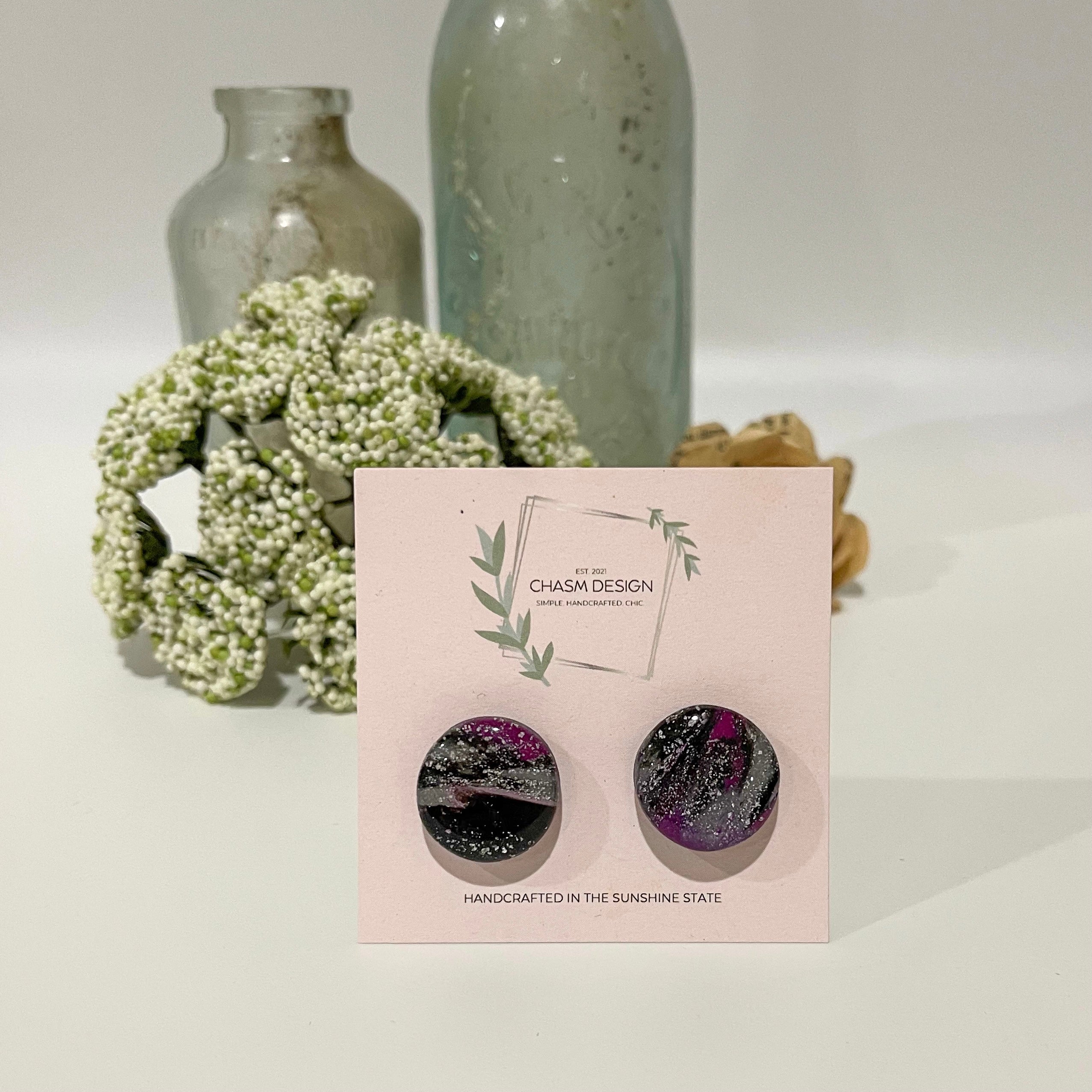 Purple, Gray, and Black Marble - Circle Studs