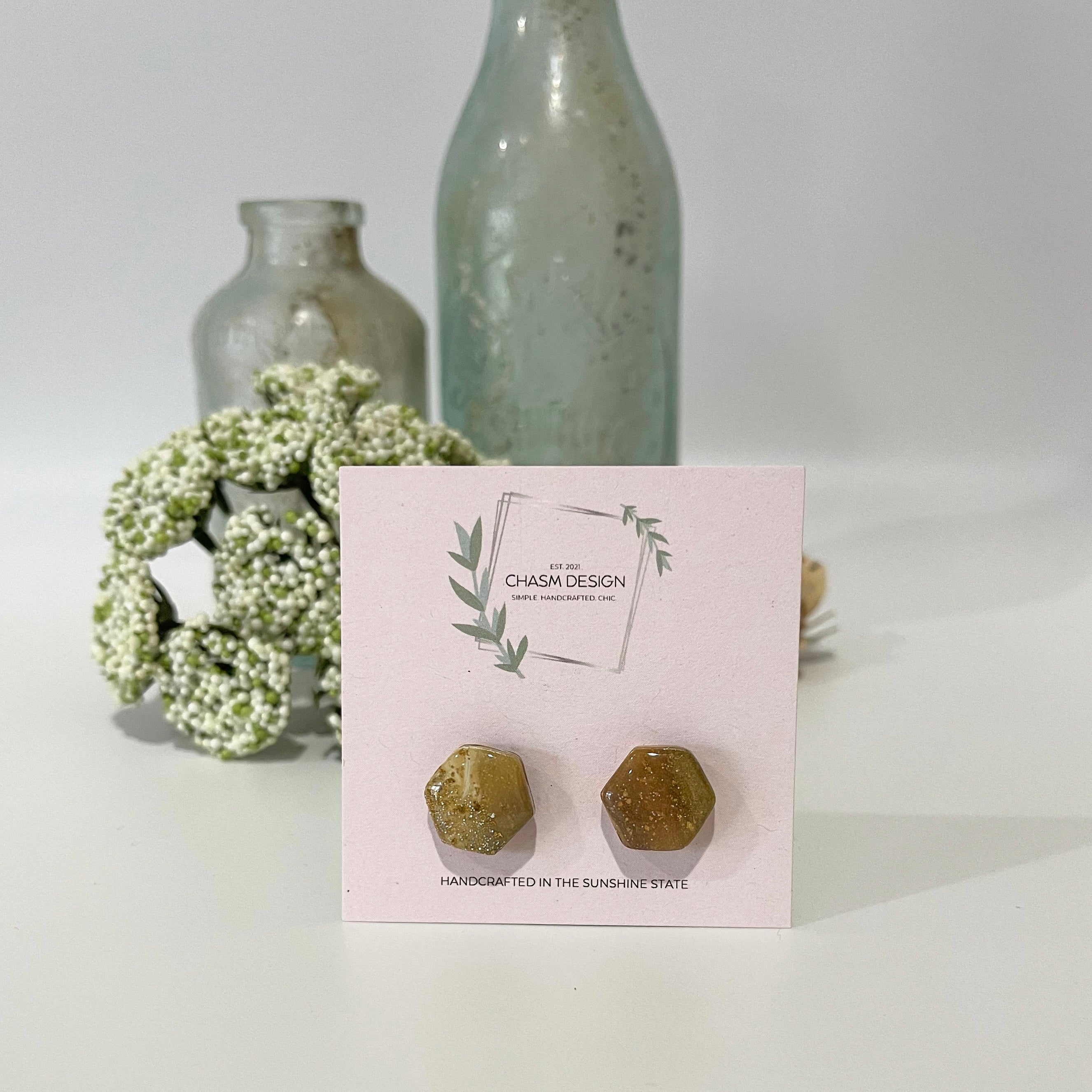 Neutral Brown Marble - Mini Hexagon Studs