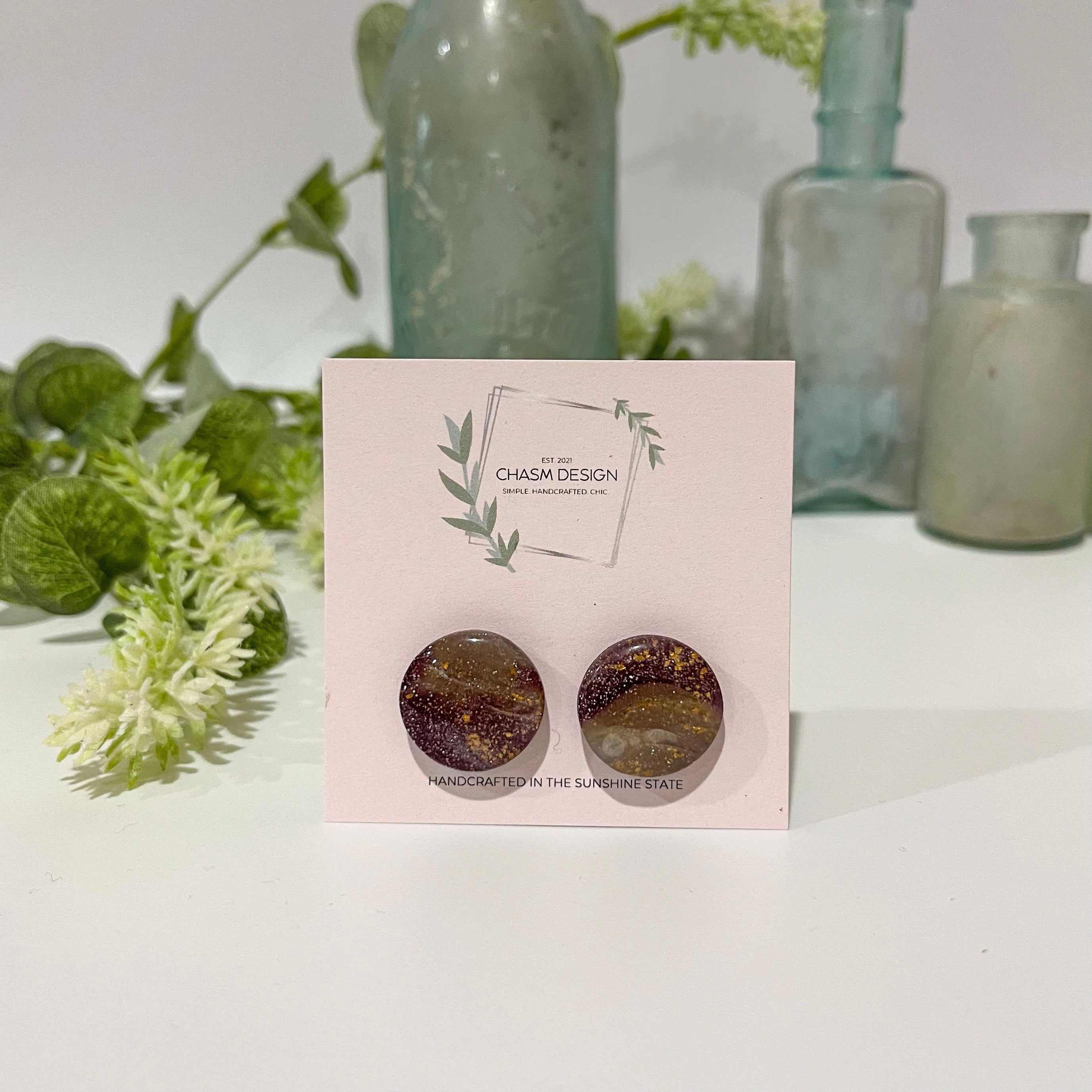 Plum and Brown Marble - Circle Studs