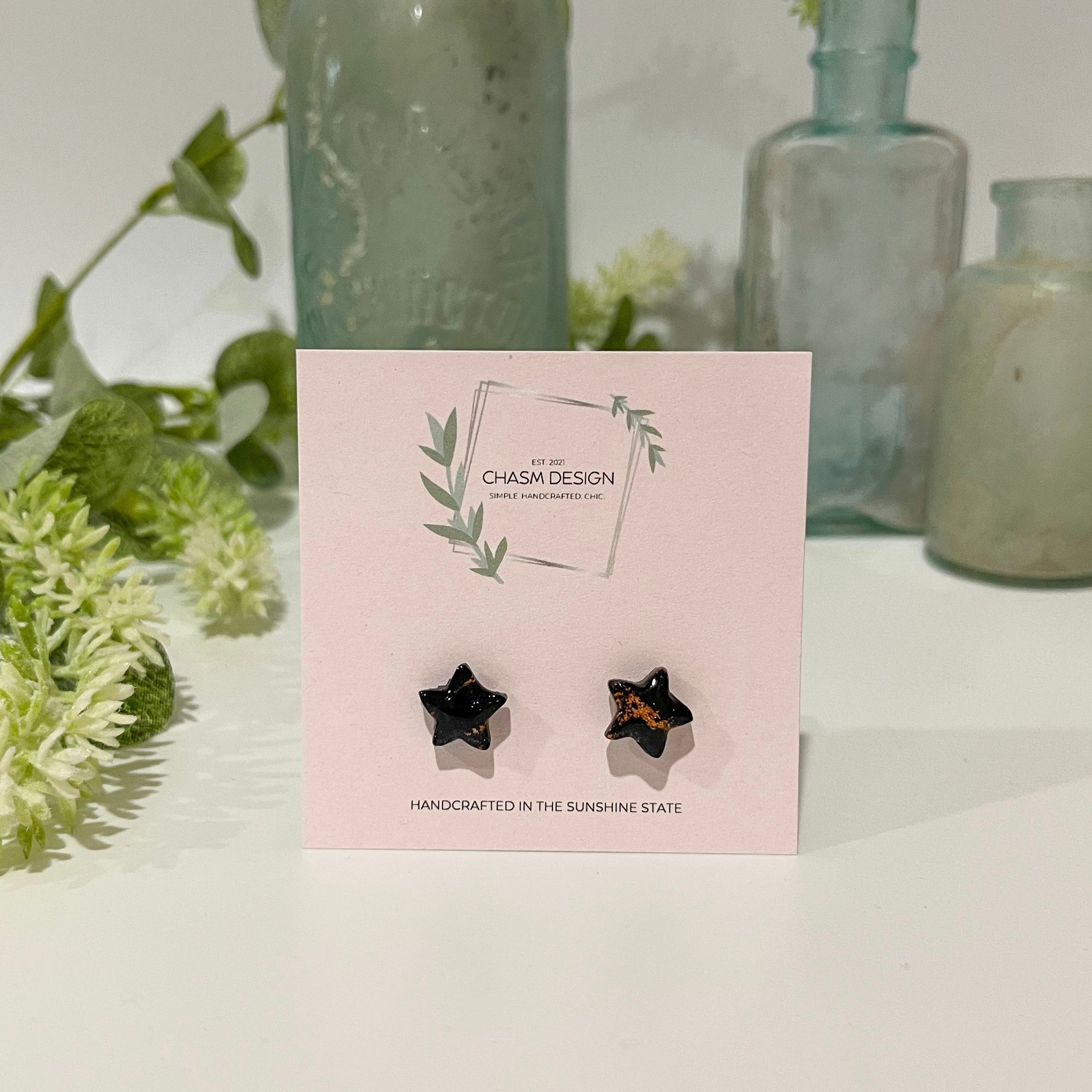 Rose Gold and Black Marble - Tiny Star Studs