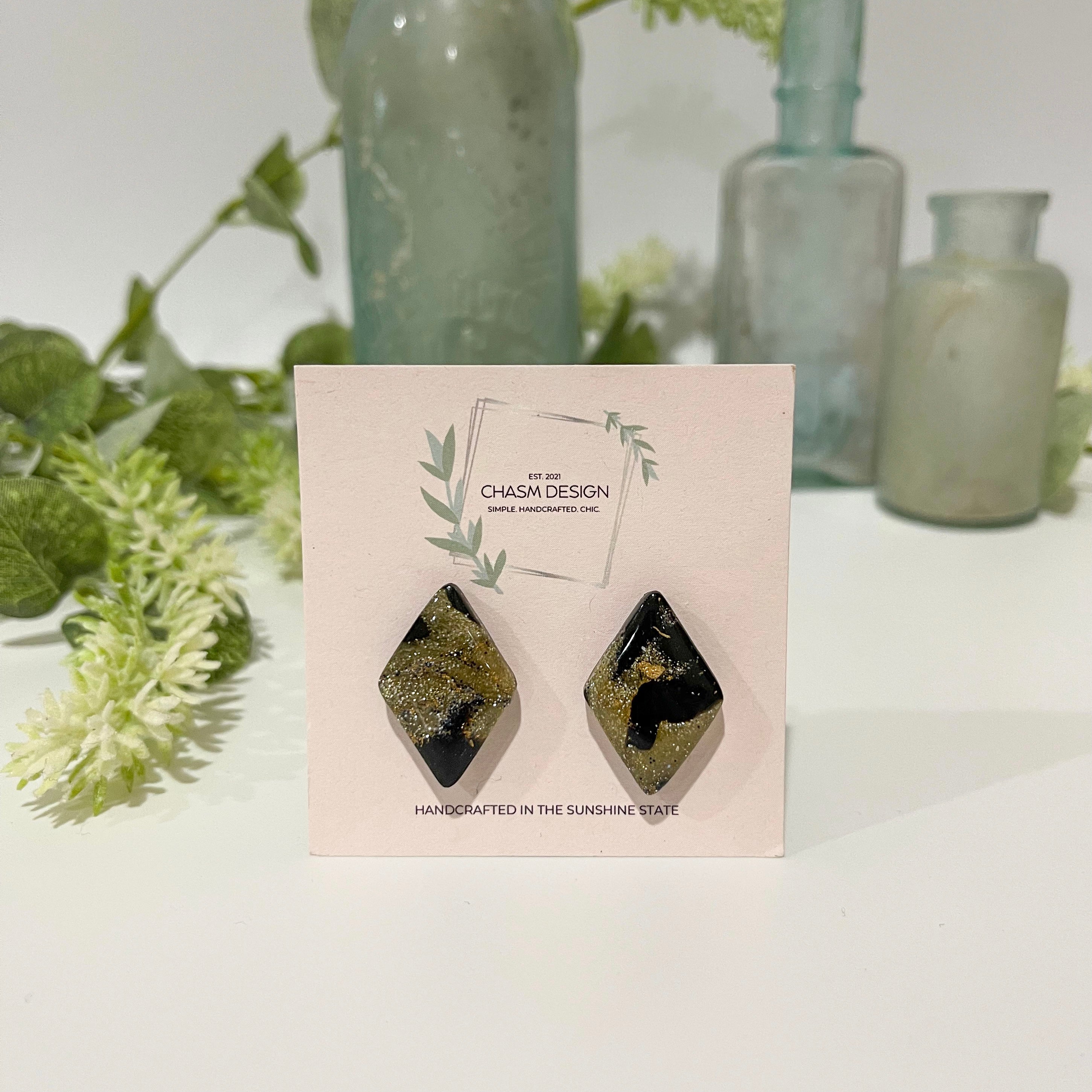 Gold and Black Marble - Diamond Studs