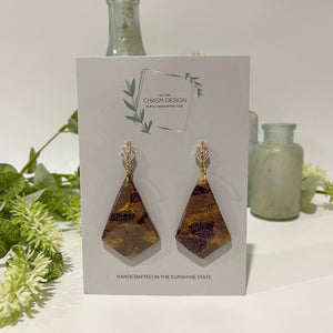 Plum and Brown Marble -  Inverted Diamond Dangle with Leaf Charm Stud