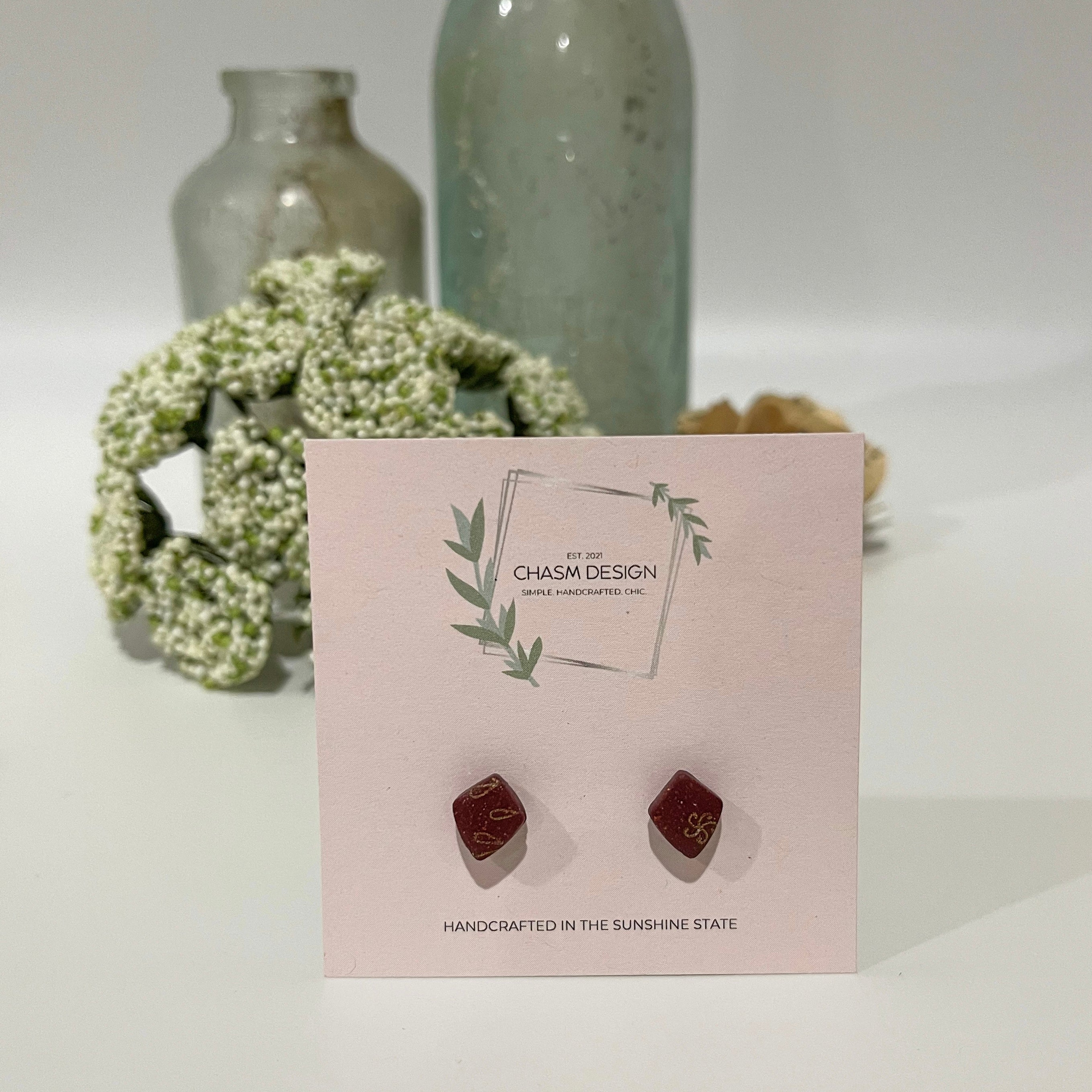 Burgundy Snowflake Design - Tiny Diamond Studs