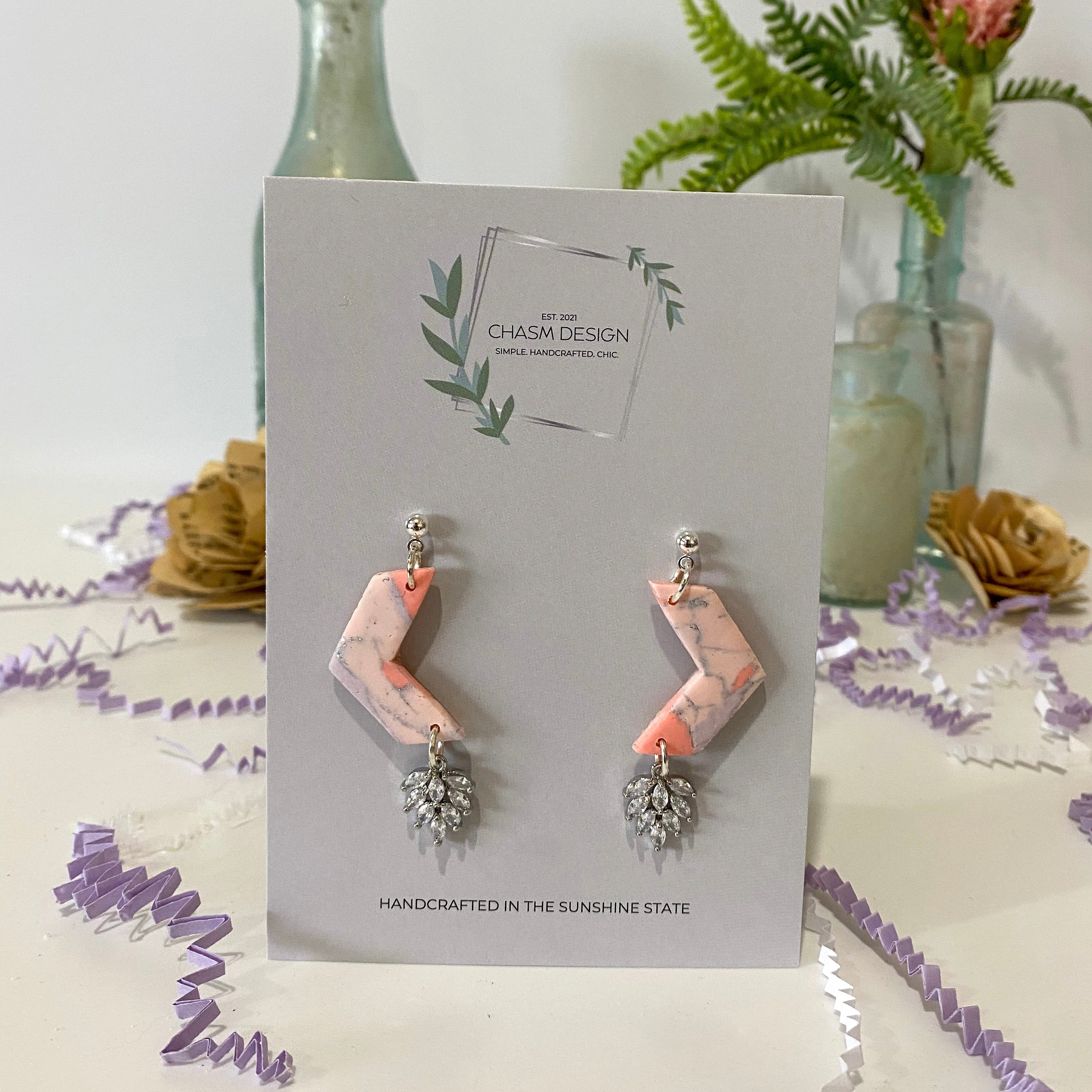 Pink and Purple Marble - Chevron Dangles with Charm