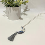 Cargar imagen en el visor de la galería, Blue and Grey Marble - Crescent Moon Necklace with Tassel
