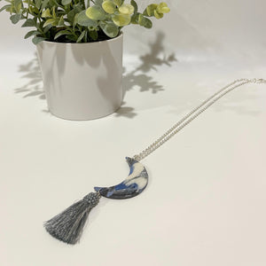 Blue and Grey Marble - Crescent Moon Necklace with Tassel