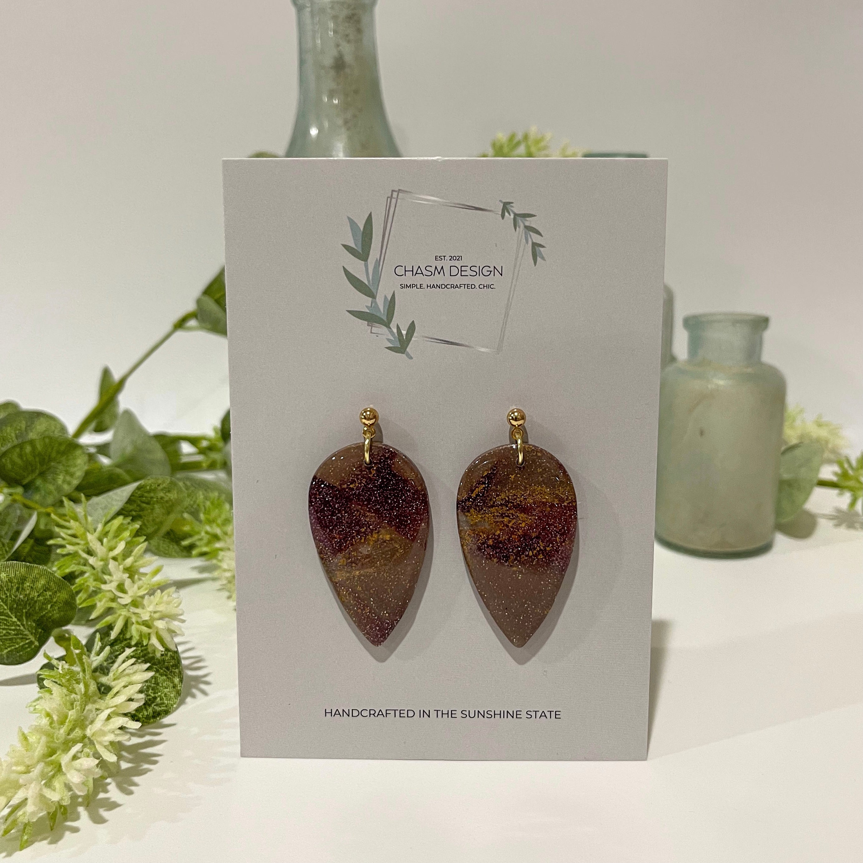 Plum and Brown Marble -  Inverted Tear Drop Dangle