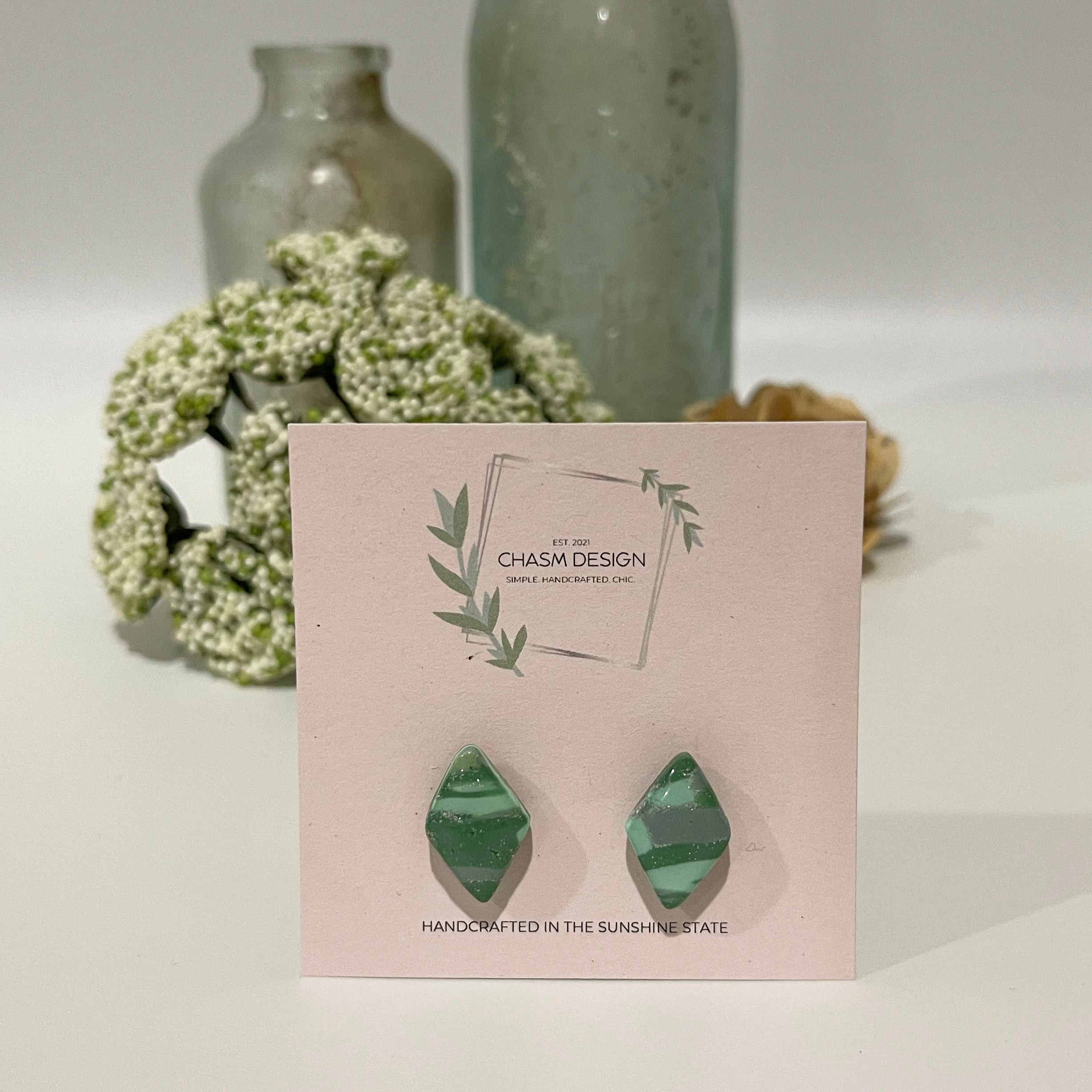 Green and Aqua Marble - Mini Diamond Studs