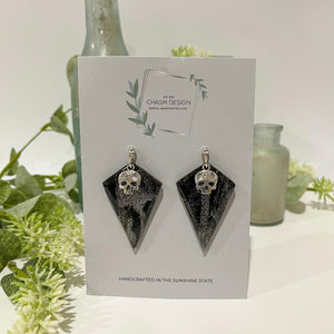 Sliver and Black Marble - Drop Diamond Dangles with Skull Charm