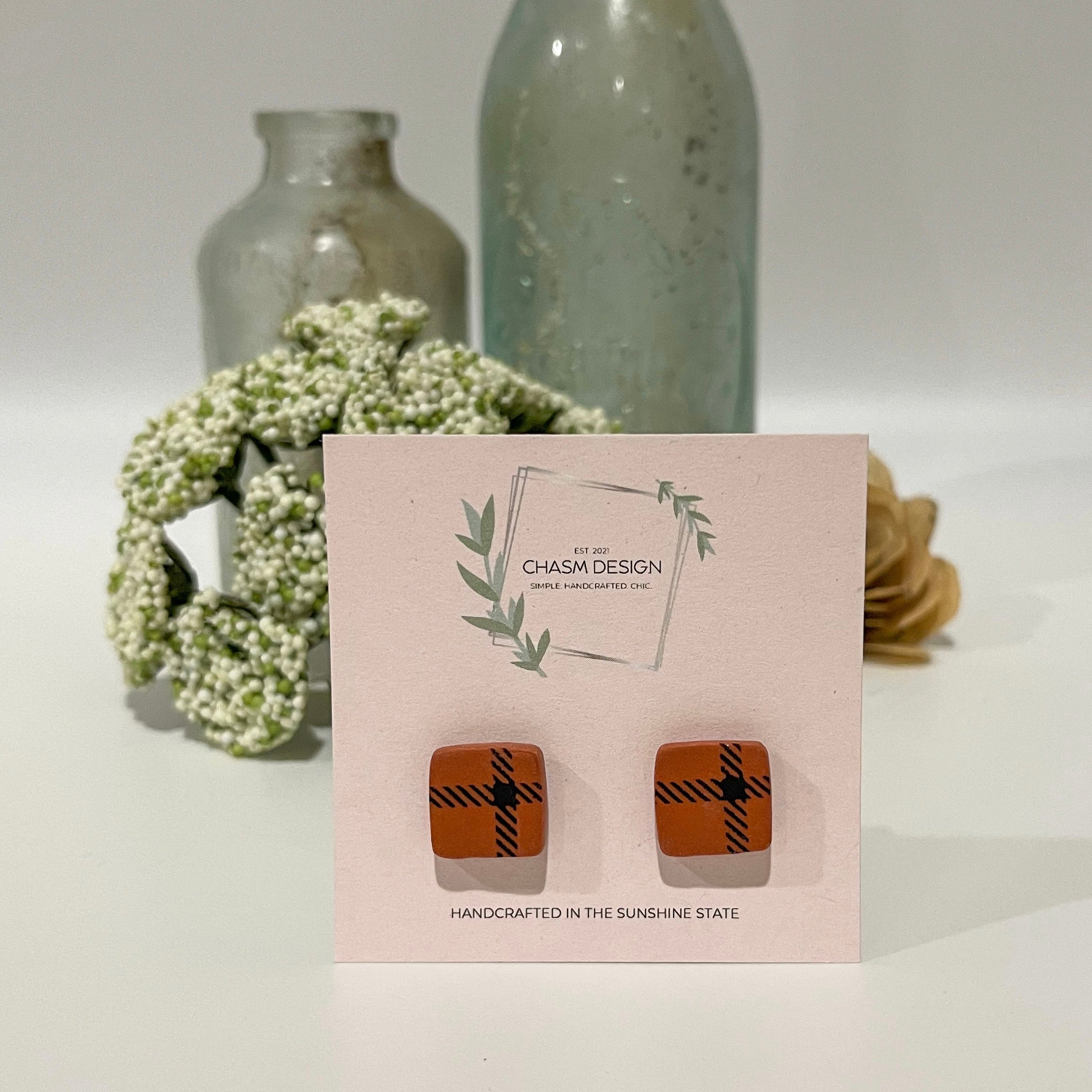 Burnt Orange Buffalo Plaid - Small Square Studs