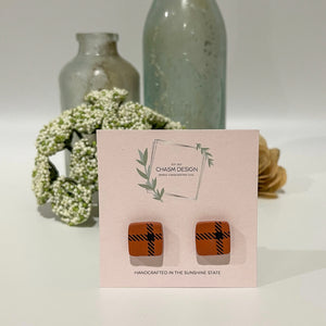 Burnt Orange Buffalo Plaid - Small Square Studs