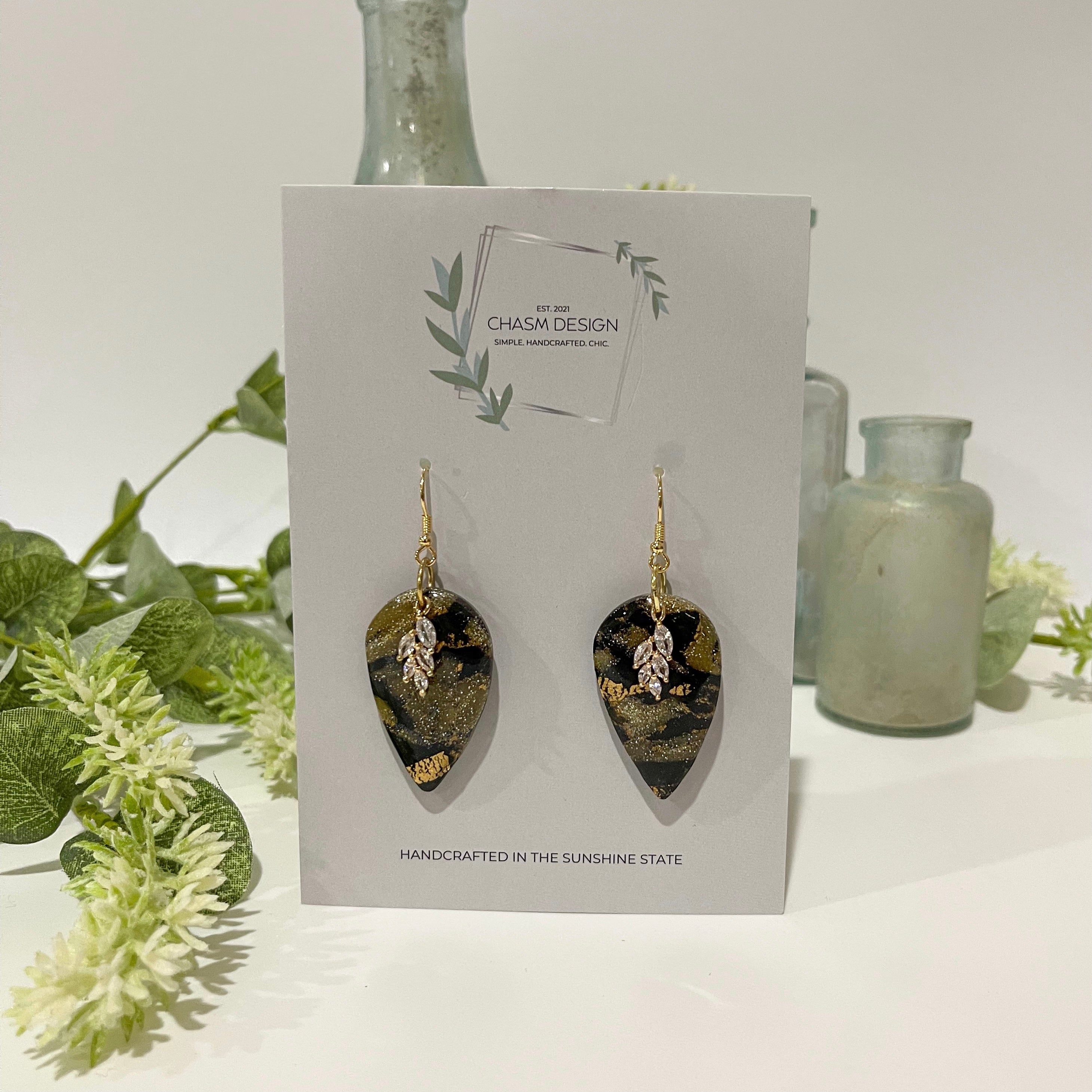 Gold and Black Marble - Inverted Teardrop Dangle with Leaf Charm