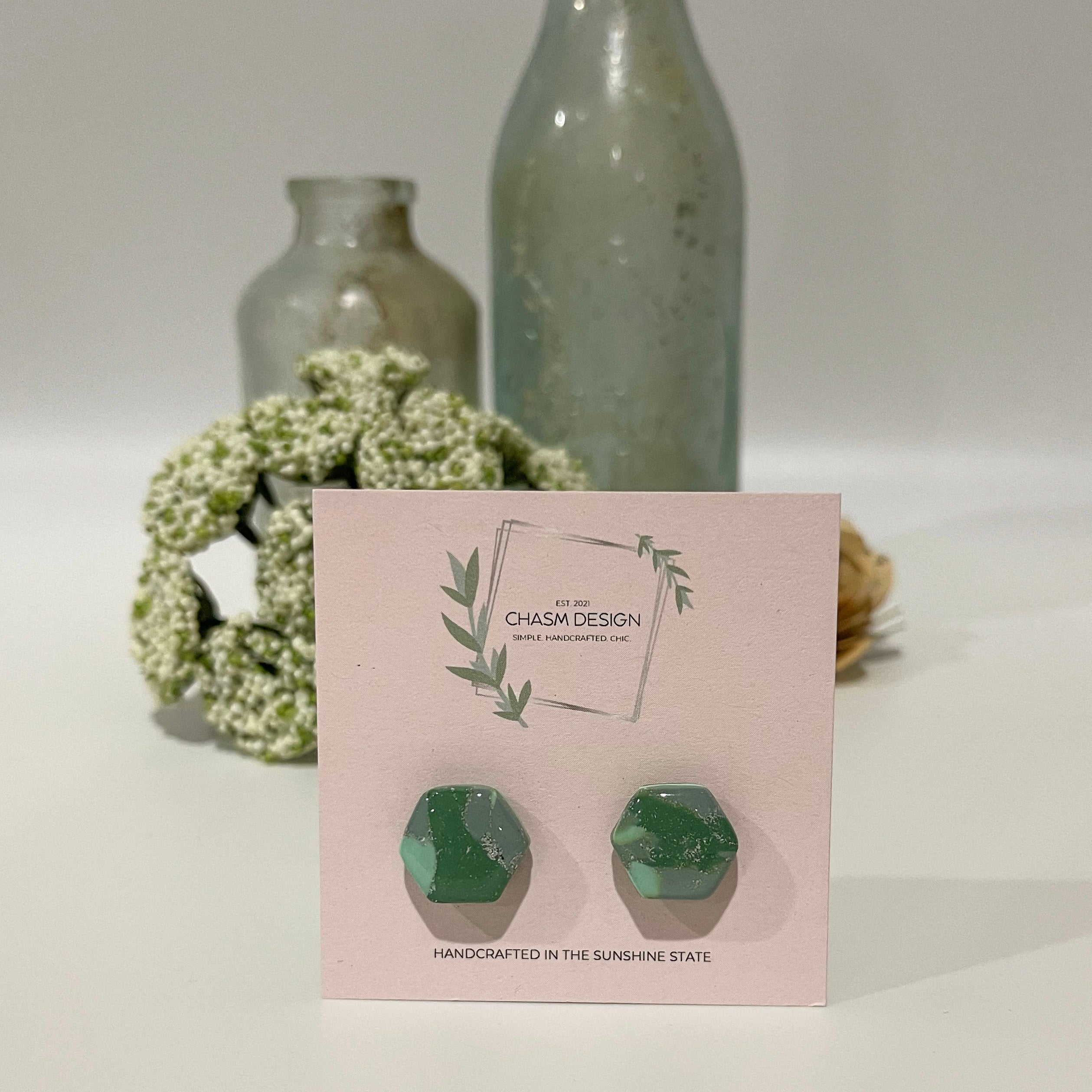 Green and Aqua Marble - Mini Hexagon Studs