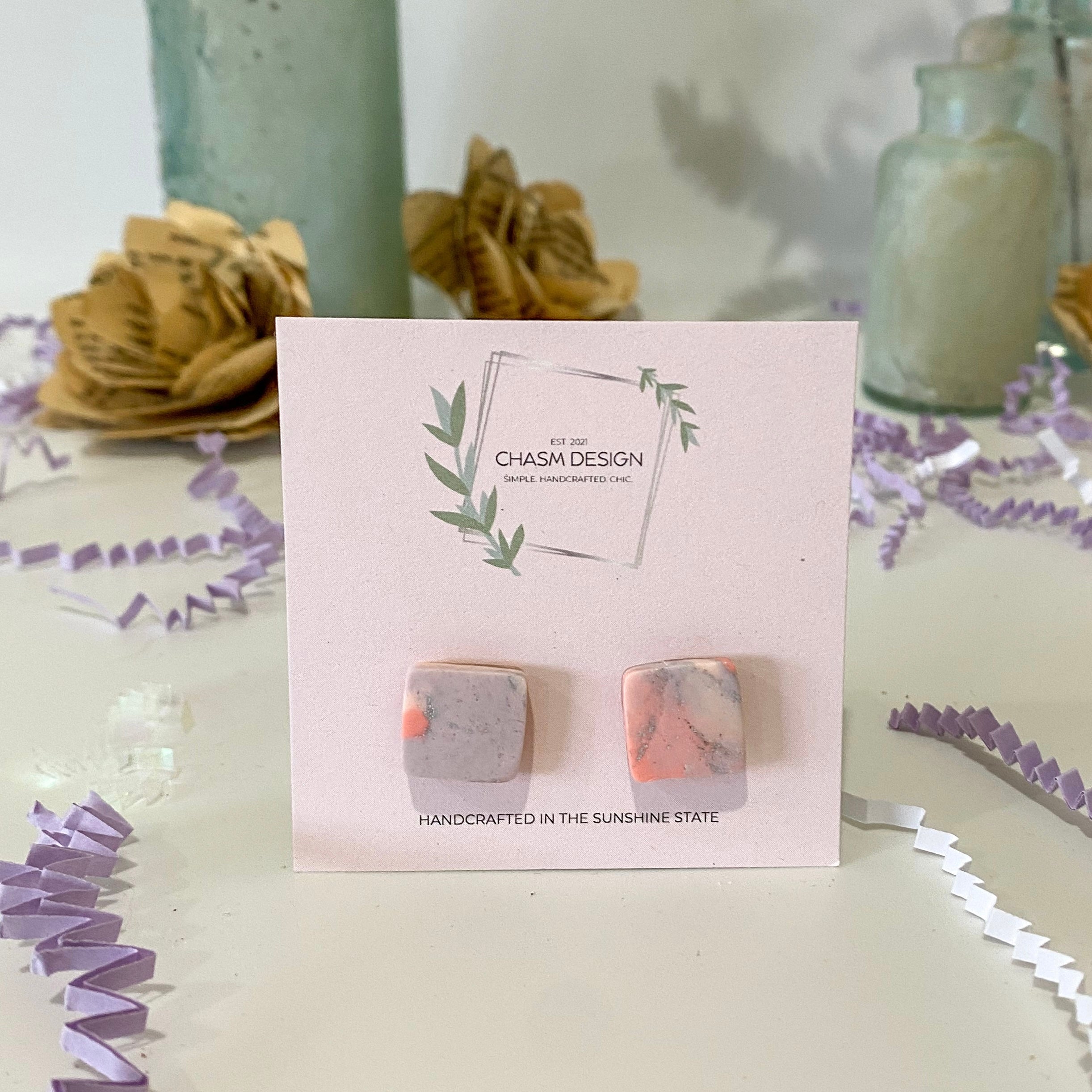 Pink and Purple Marble - Mini Square Studs