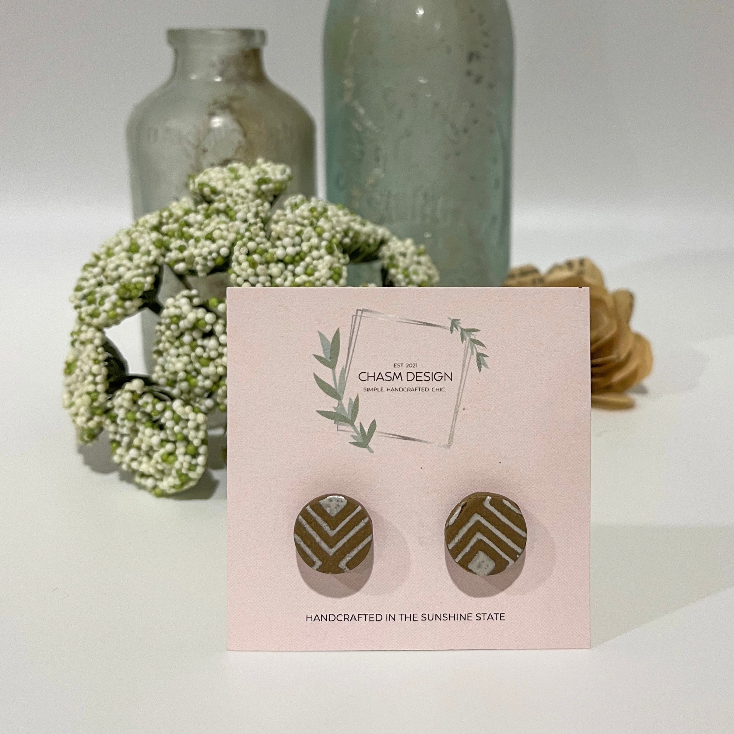 Brown Chevron Plaid - Mini Circle Studs