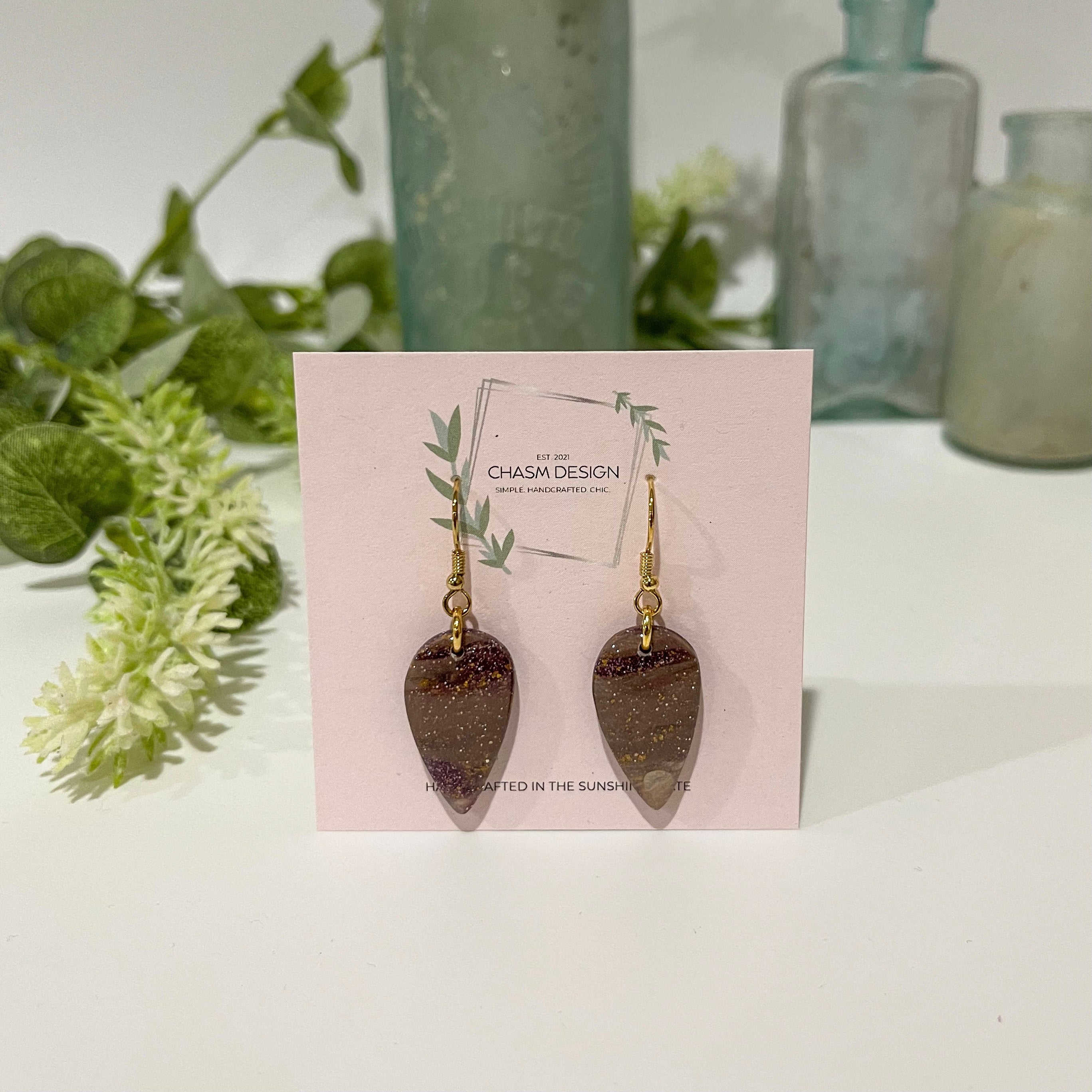 Plum and Brown Marble - Dainty Inverted Teardrop Dangle