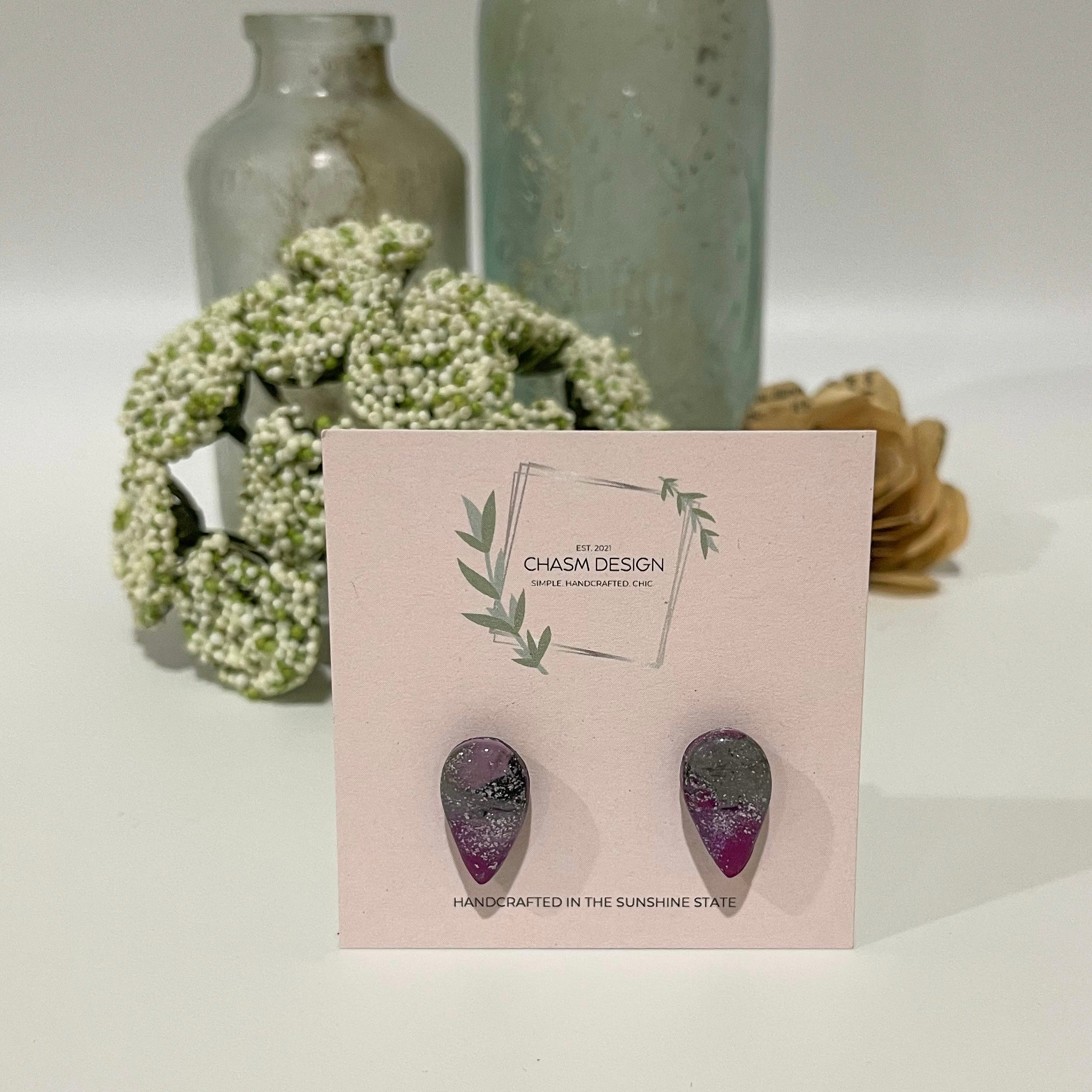 Purple, Gray, and Black Marble - Mini Inverted Teardrop Studs