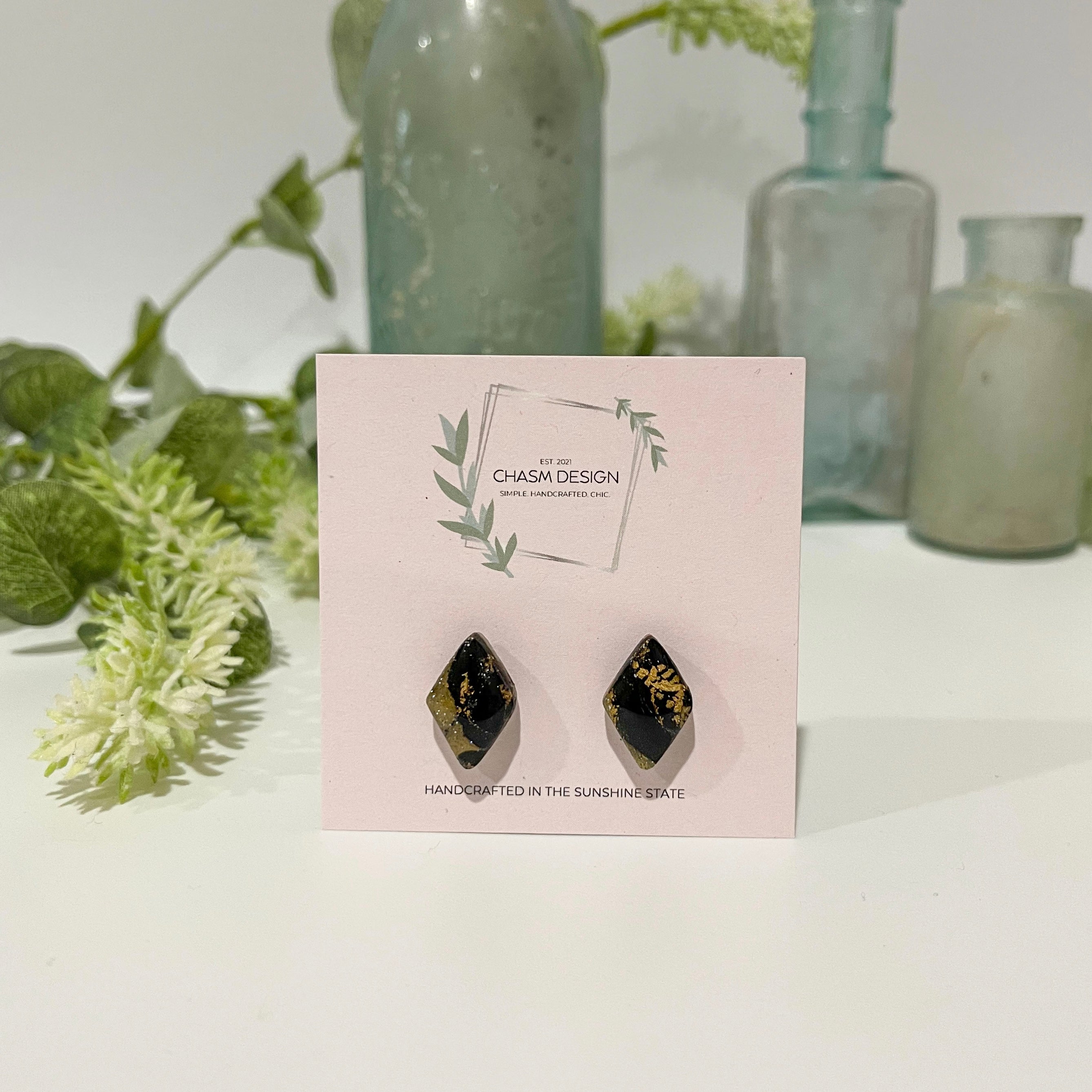 Gold and Black Marble - Mini Diamond Studs