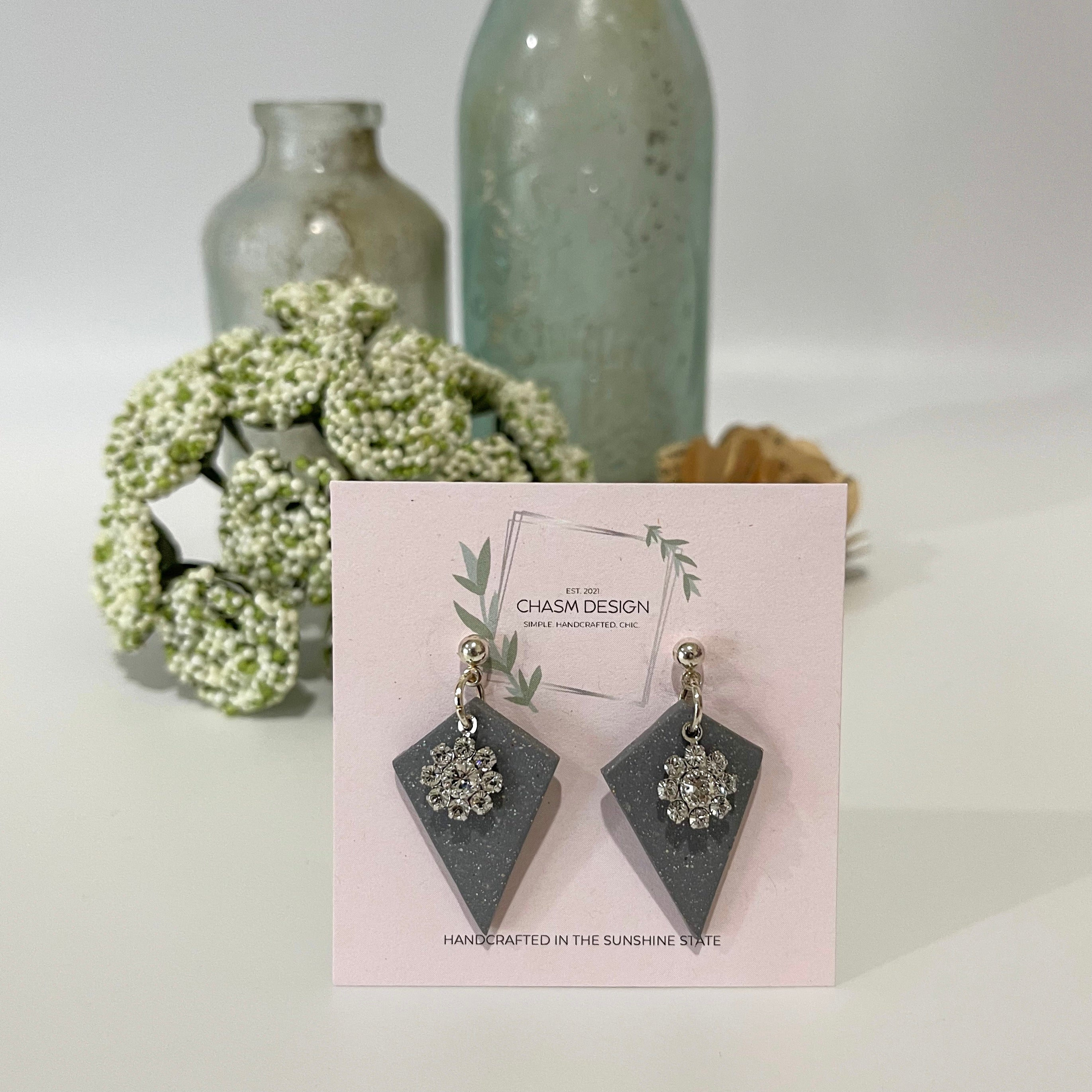 Gray Mini Diamond Dangles with Flower Charm