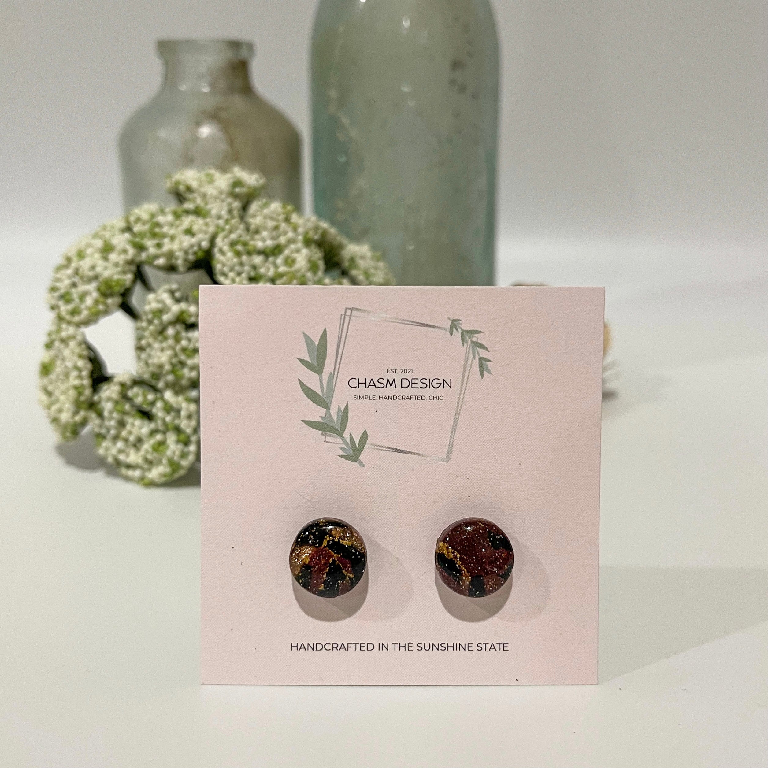 Burgundy and Gold Marble - Mini Circle Studs