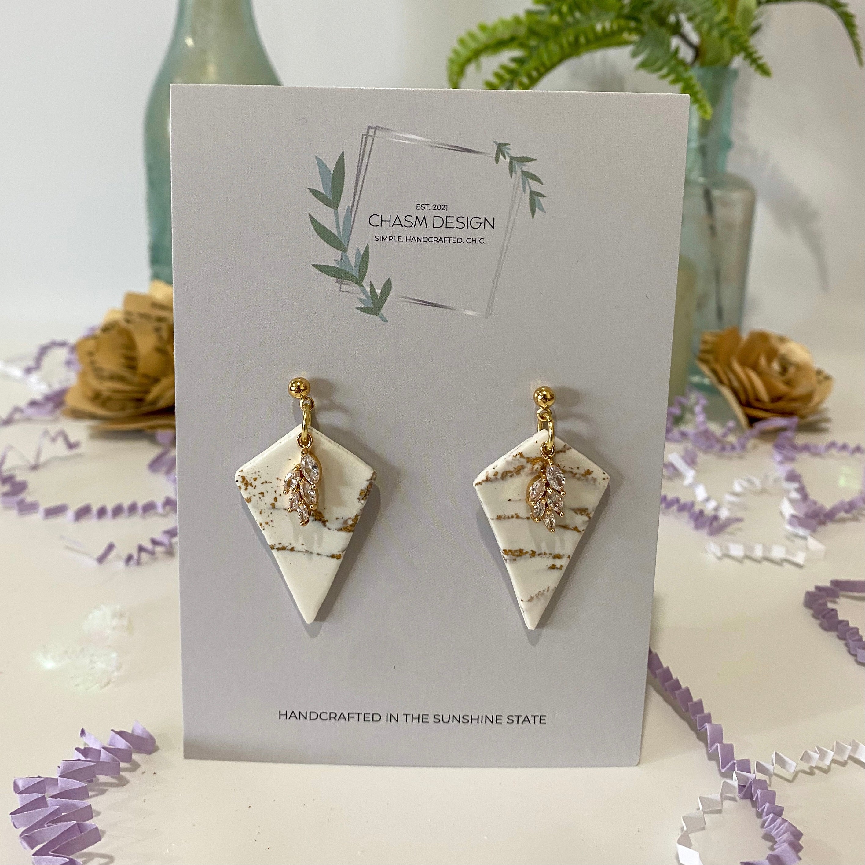 White and Gold Marble - Medium Diamond Dangles with Leaf Charm