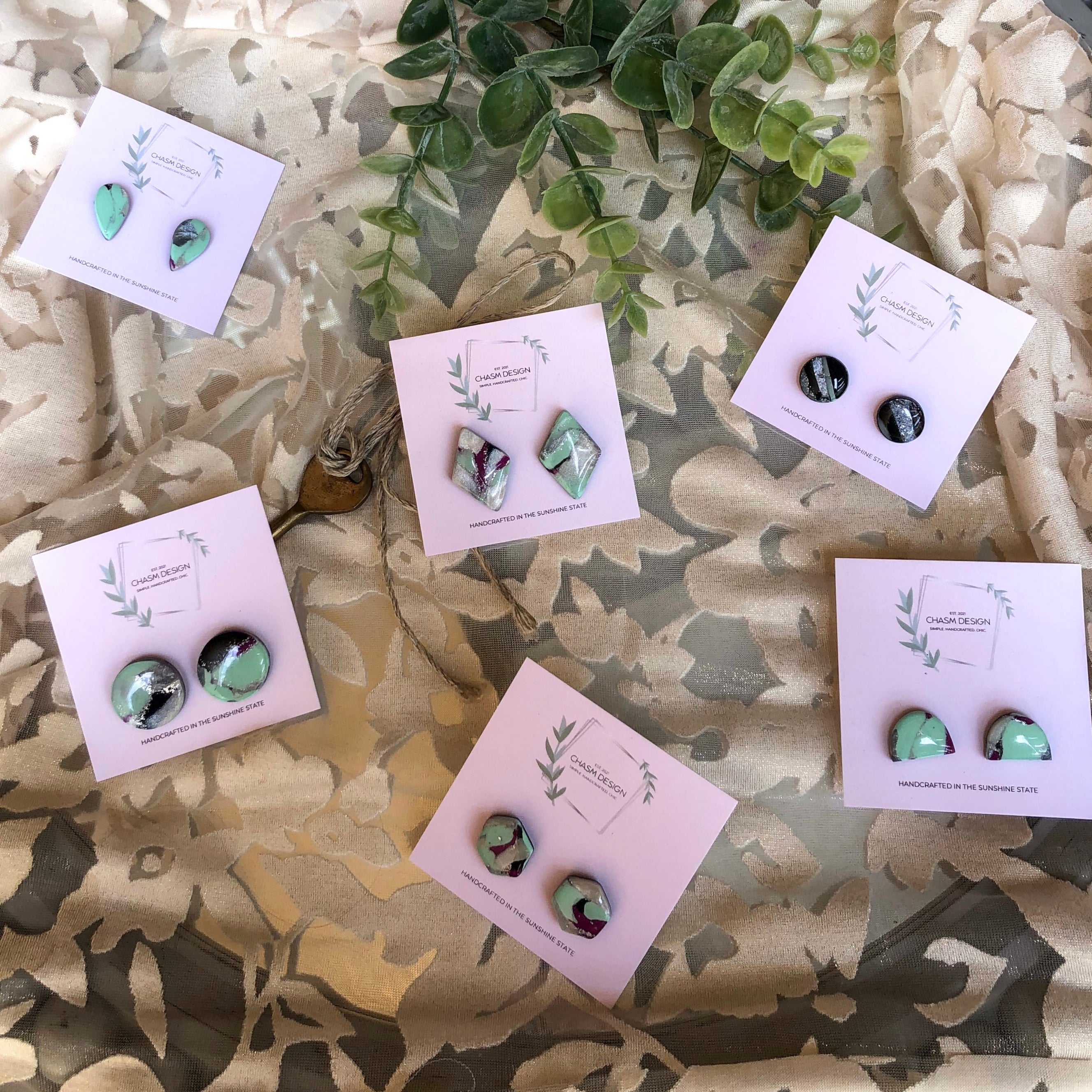 Mint Green and Fuchsia Marble Studs