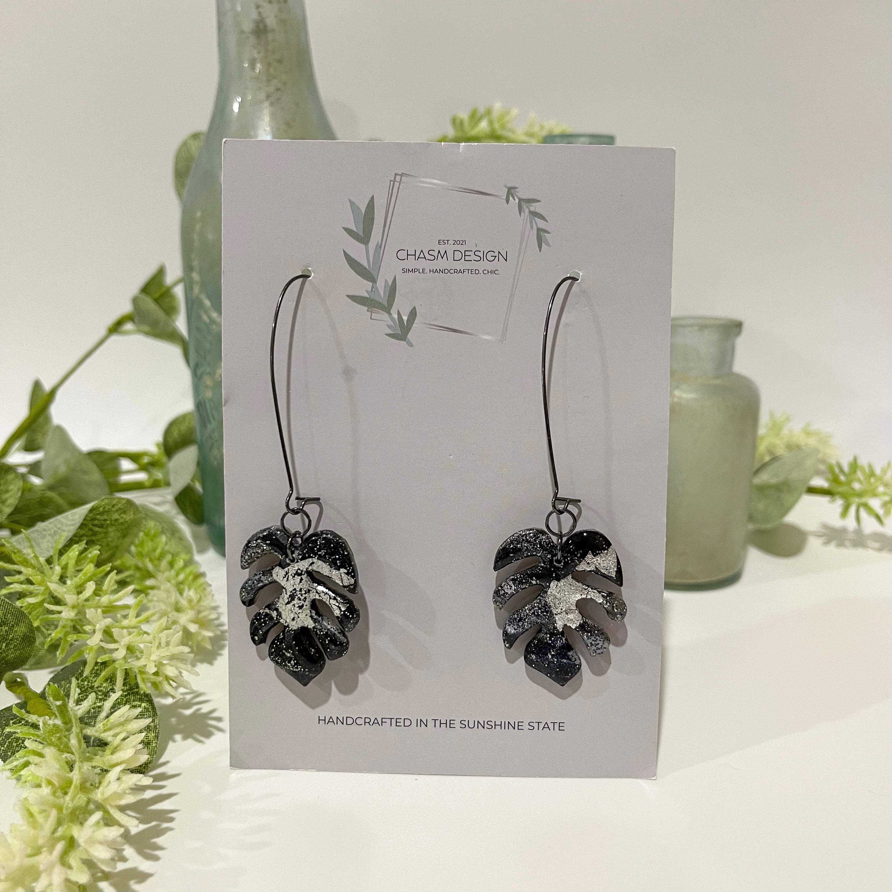 Sliver and Black Marble - Monstera Dangles