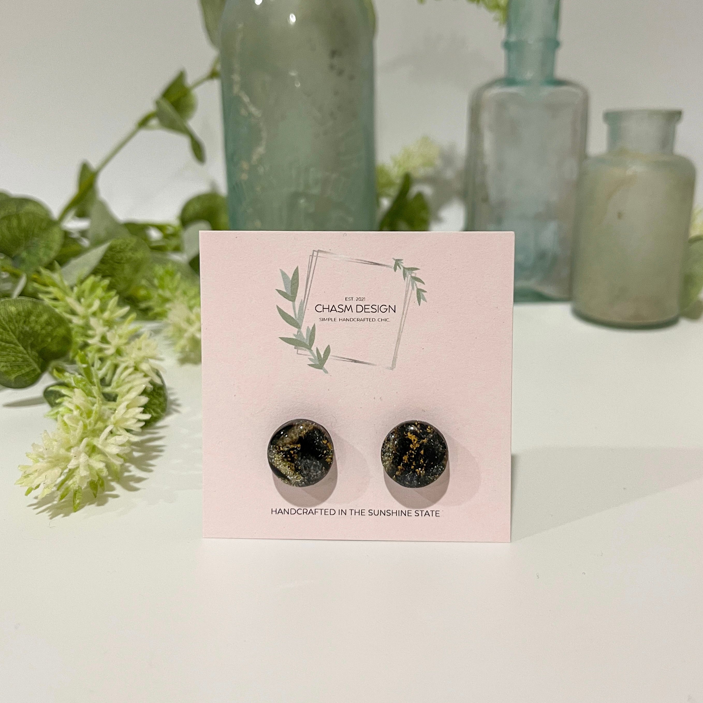 Gold and Black Marble - Mini Circle Studs