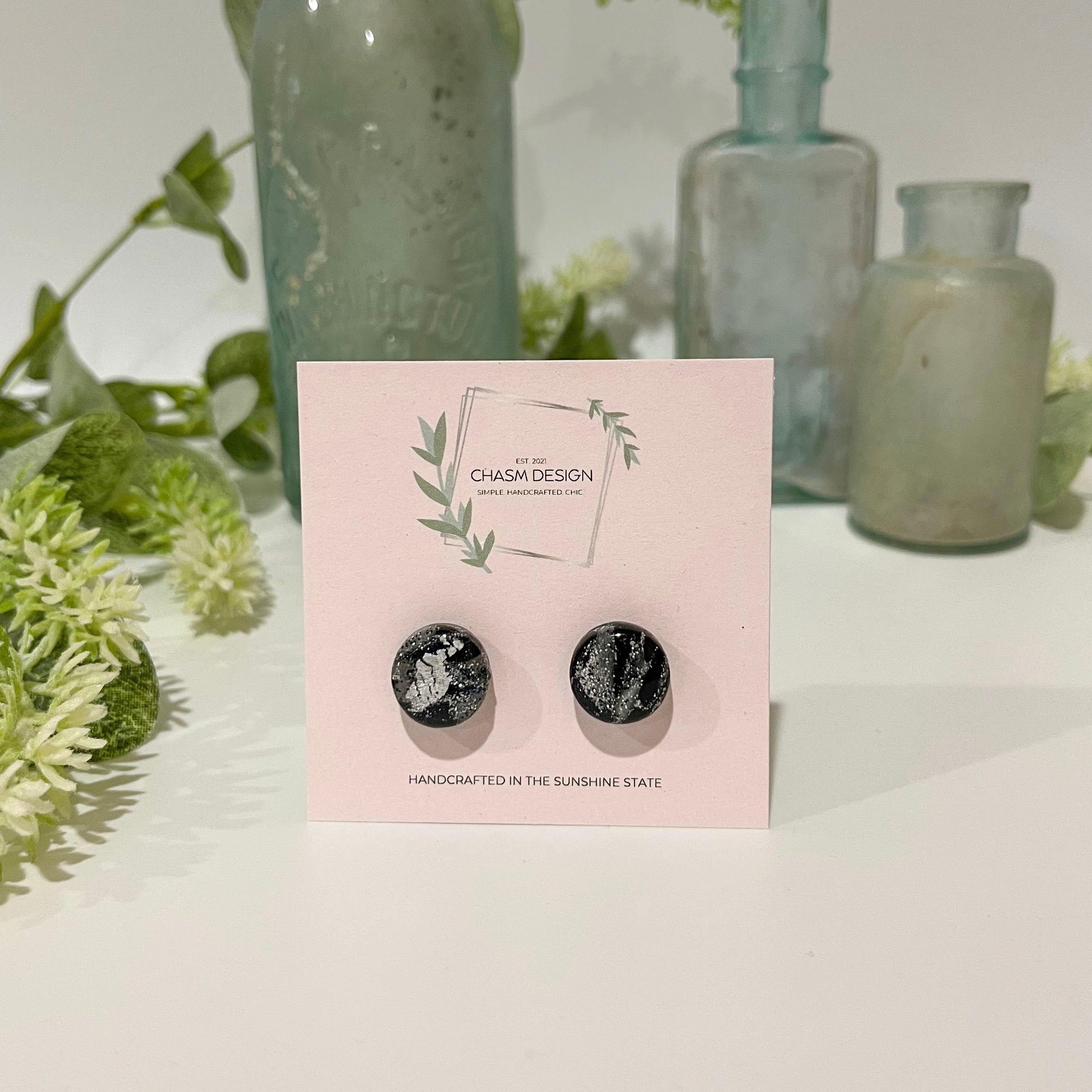 Silver and Black Marble - Mini Circle Studs